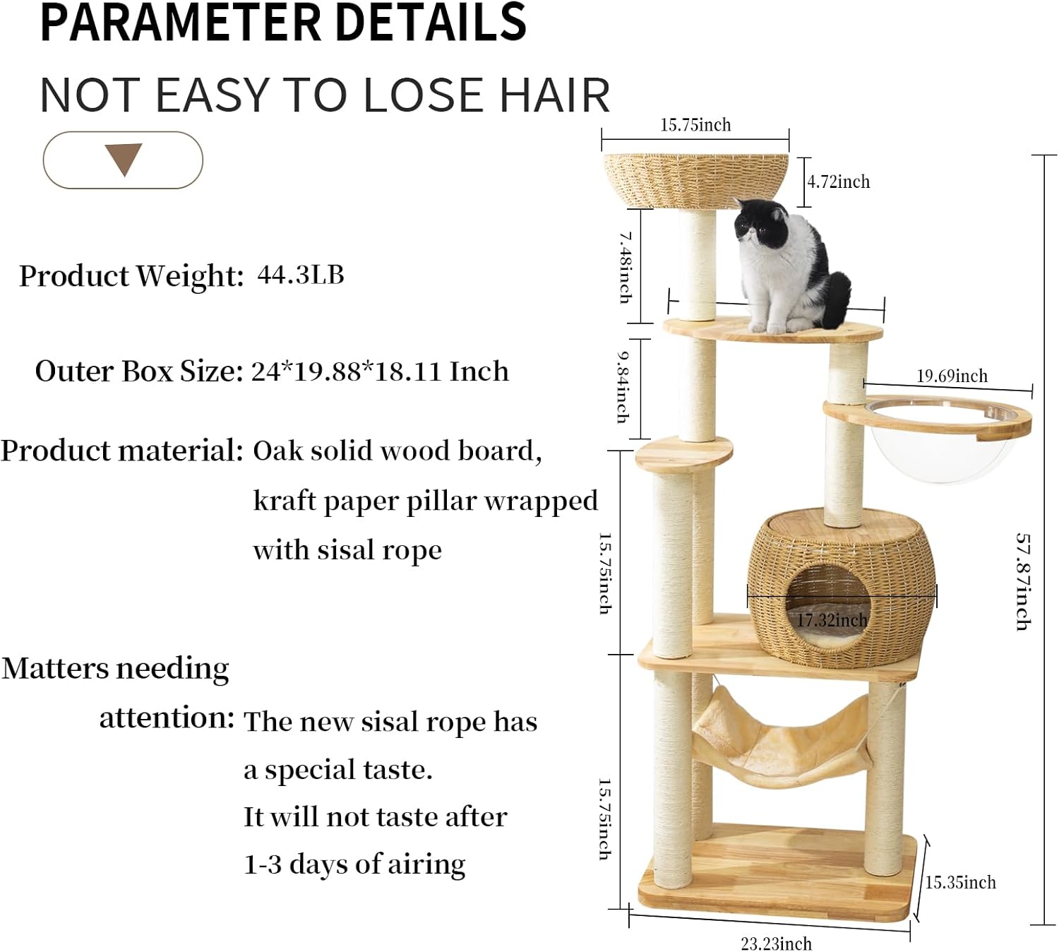 59" Big Modern Cat Tree Tower, Cat Tower Sisal-Covered Scratching Posts for Indoor Cats, Oak Wood Cat Tree for Large Cats, Multi-Level Cat Condo with Space Capsule Nest, Cat Furniture Activity Centre - Happypetzone.online - Image 6