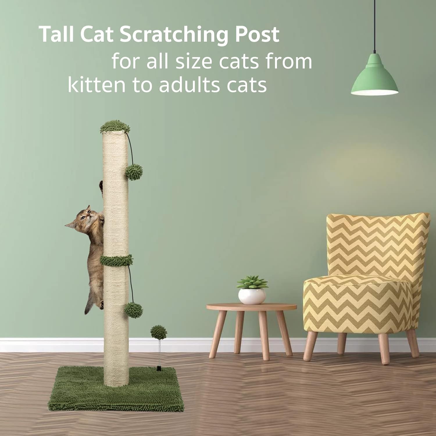 MECOOL 34“ Tall Cat Scratching Post Premium Basics Kitten Scratcher Sisal Scratch Posts Trees with Hanging Ball for Indoor Cats (34 inches for Adult Cats, Cactus Green) - Happypetzone.online - Image 5