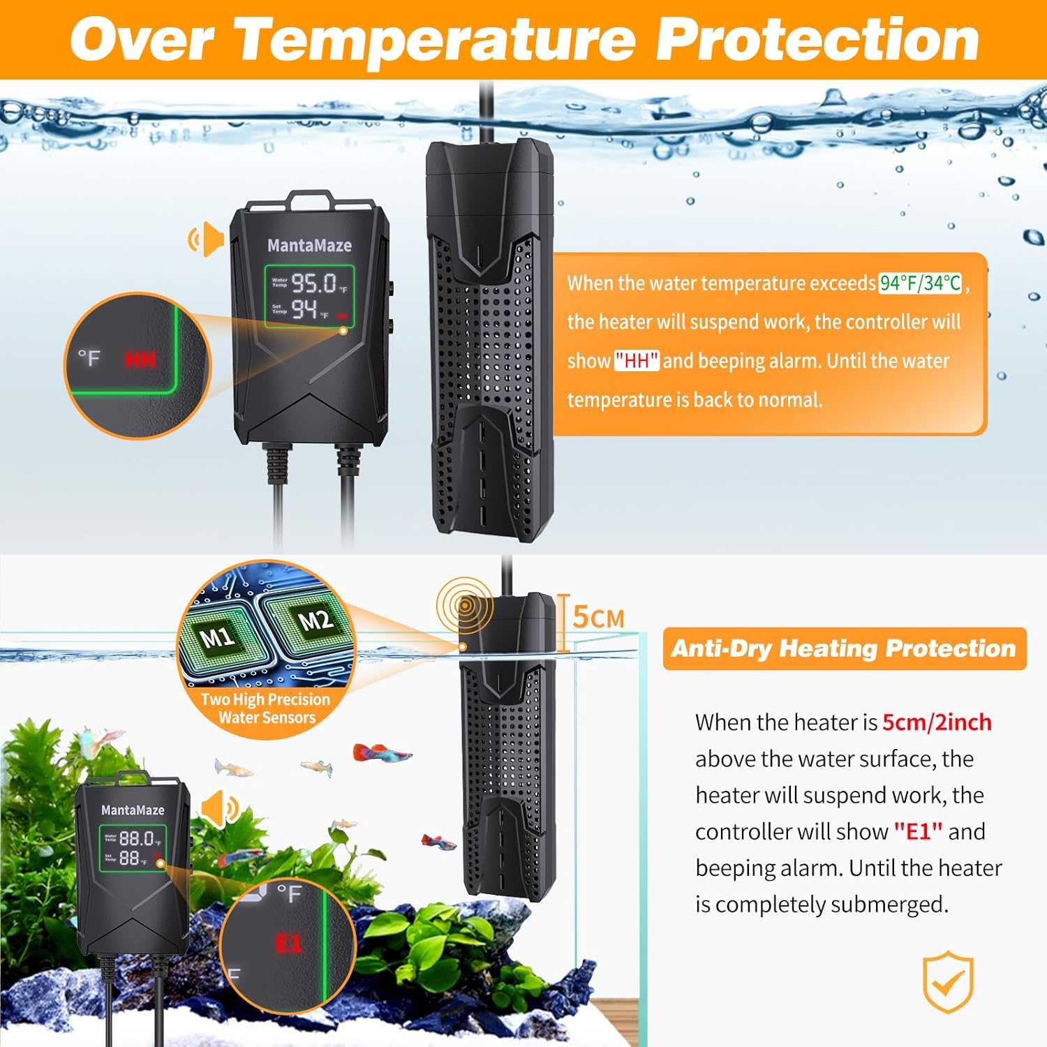 Aquarium Heater 300W/500W/800W/1000W for 20-300 Gal, Fish Tank Heater with Intelligent Leaving Water Automatica Stop Heating and Overheating Protection, for Freshwater & Saltwater - Happypetzone.online - Image 2
