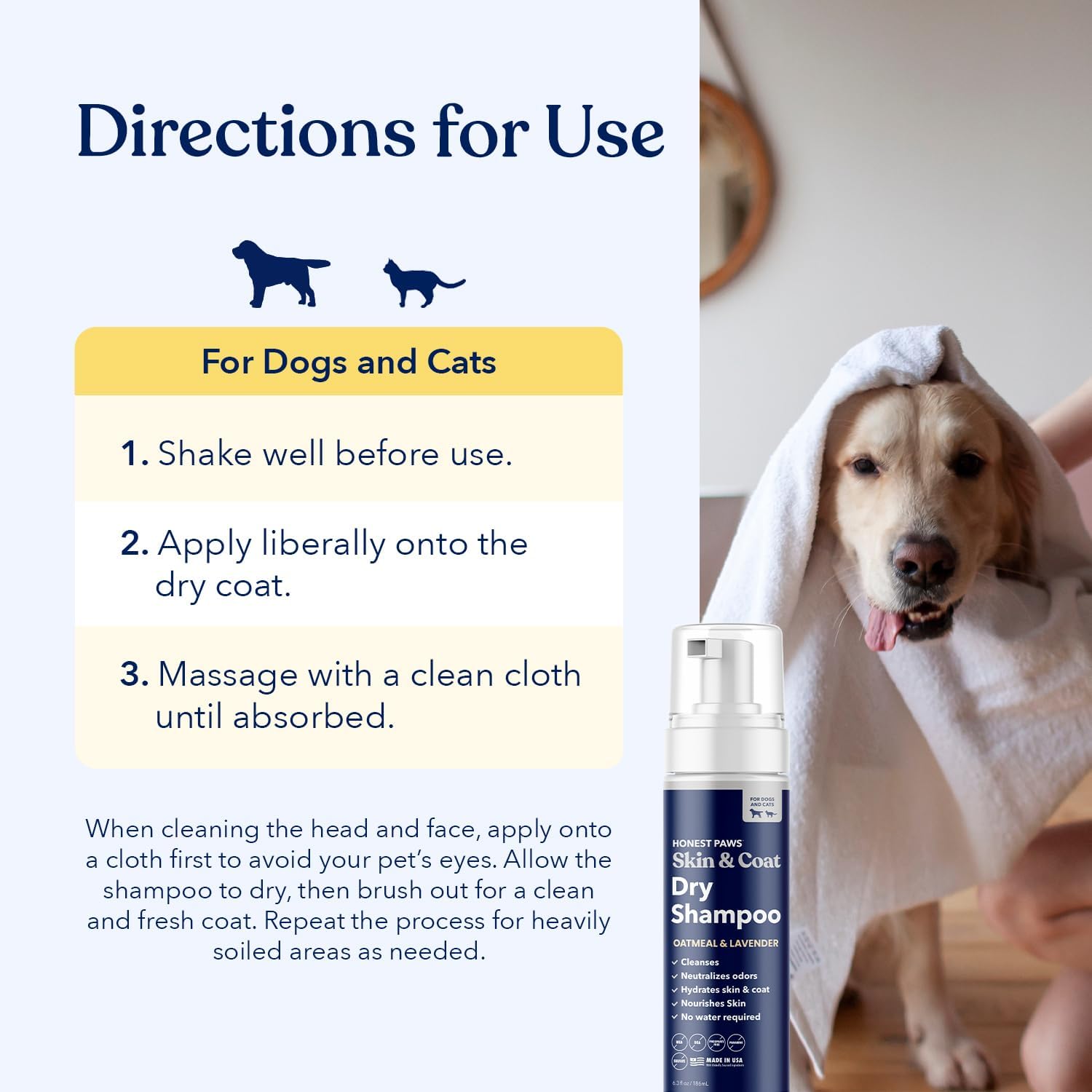 Honest Paws Dog Dry Shampoo - Waterless No Rinse Foaming Formula Reducing Itch Cleanse Hydrate Nourish Dry Skin and Smelly Coat Help Decrease Odor Shedding and Allergies - Oatmeal & Lavender - 6.3 oz - Happypetzone.online - Image 5