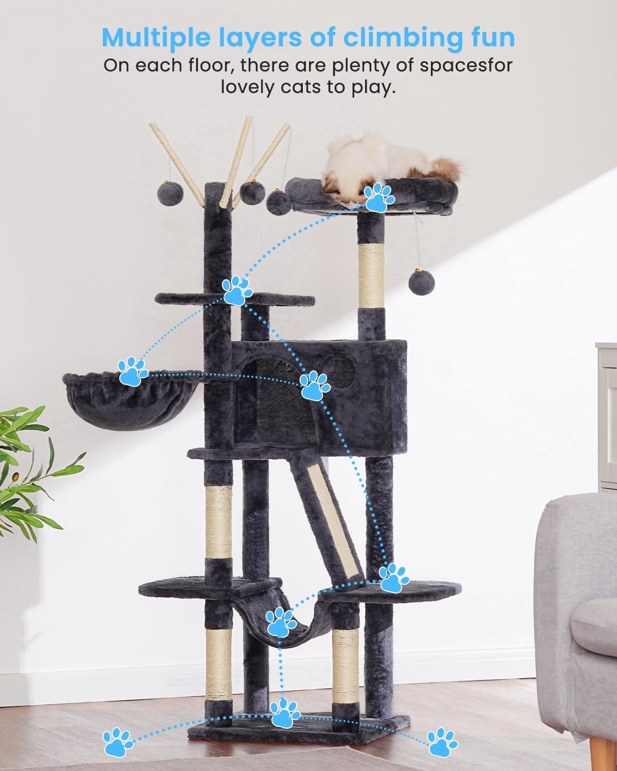 Hey-brother Cat Tree, 53 inch Cat Tower for Indoor Cats, Cat House with Padded Platform Bed, Toy Balls, Large Cozy Condo, Hammocks and Sisal Scratching Posts, Smoky Gray MPJ019-SG - Happypetzone.online - Image 3