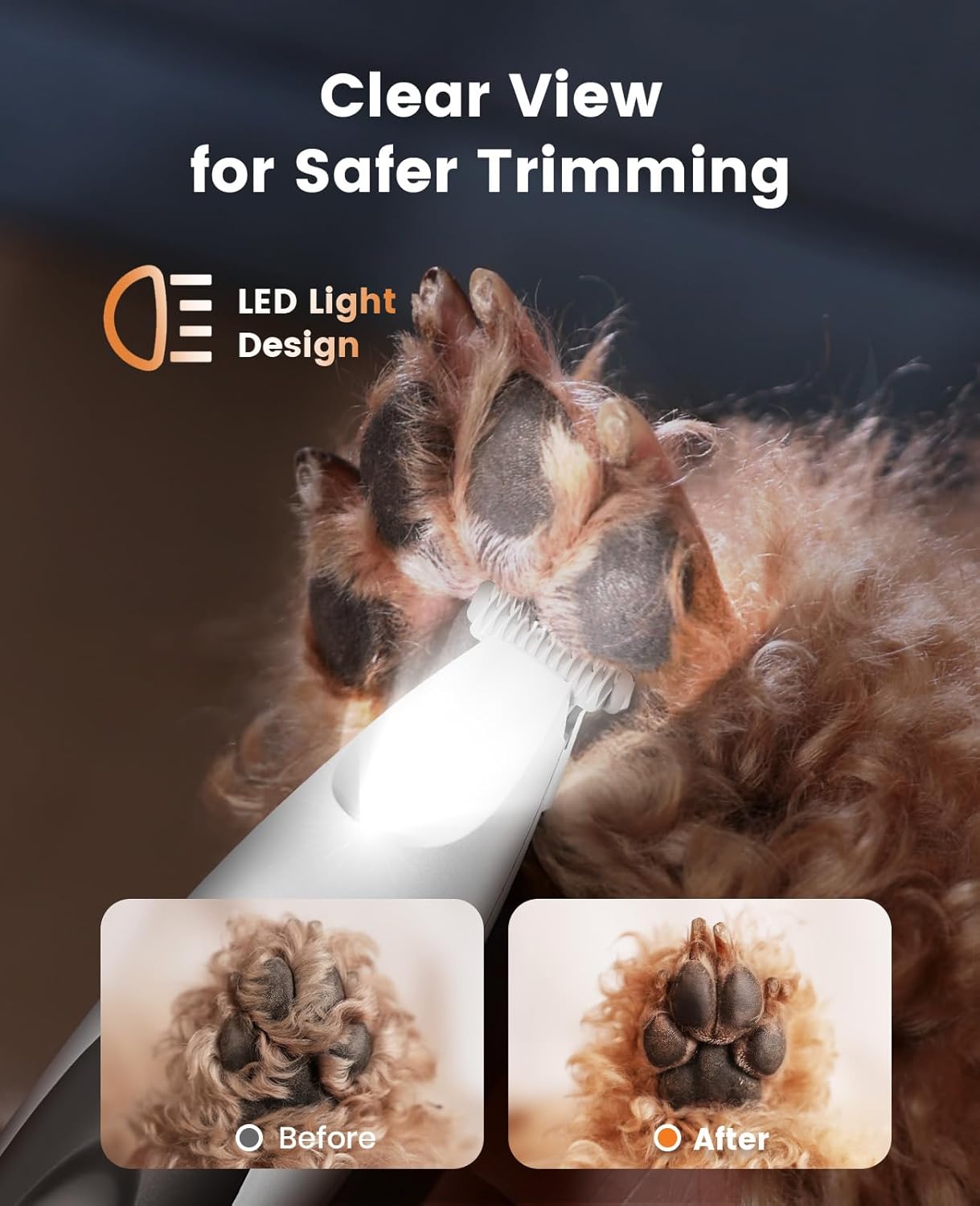 oneisall Low-Noise Dog Paw Trimmer with LED Light, Paw Trimmer for Dogs &Cats 0.8inch/20mm Wide Blade, 35dB Cordless Electric Pet Paw Grooming Clippers for Paws, Ears, Face, Rump - Happypetzone.online - Image 3