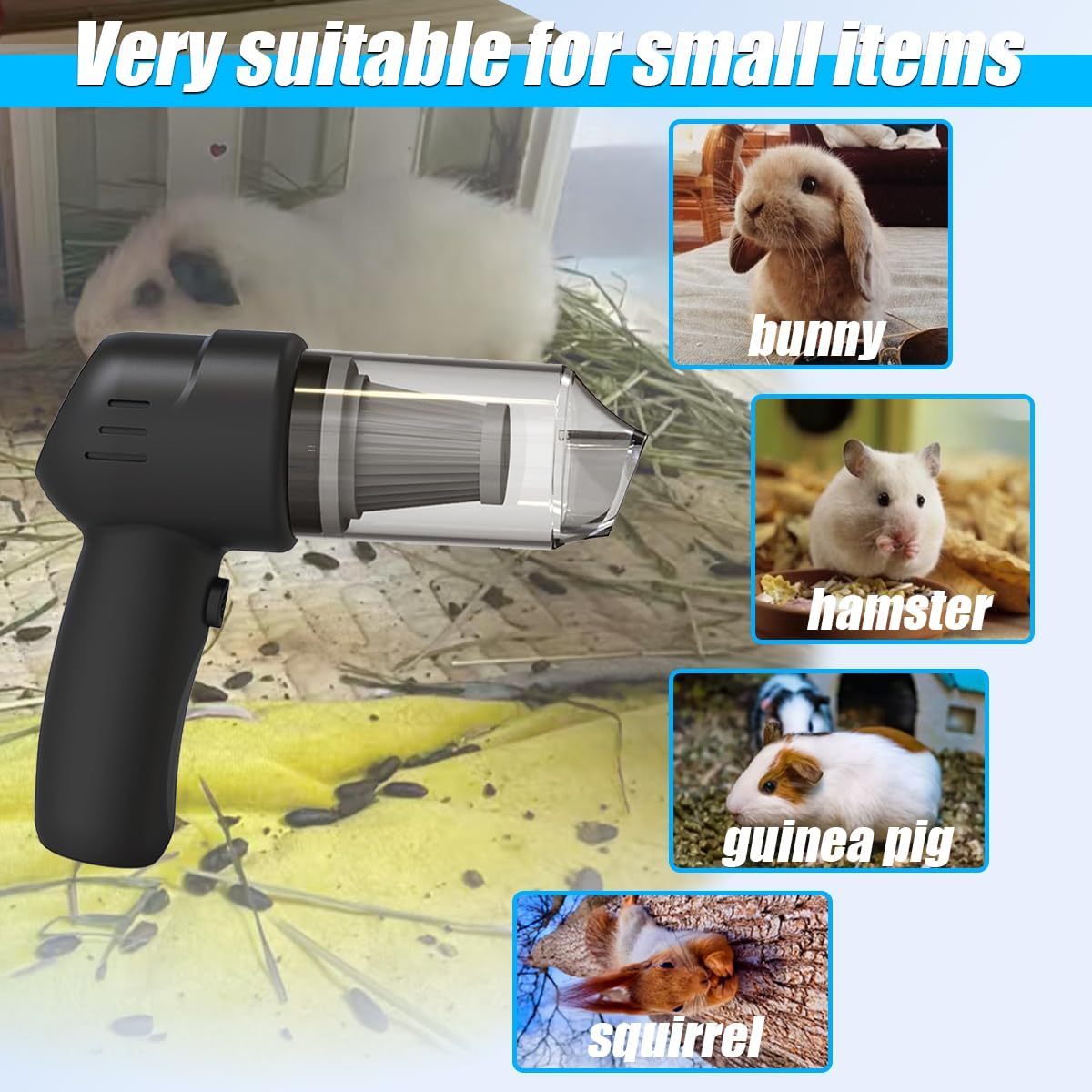 Guinea Pig Handheld Vacuum Cleaner Cage, Guinea Pig cage Cleaner, Rabbit Poop Vacuum, for Lightweight Cleanup of Guinea Pig, Rabbit, Hamster, Chinchilla, Reptile, Bird(Black) - Happypetzone.online - Image 3