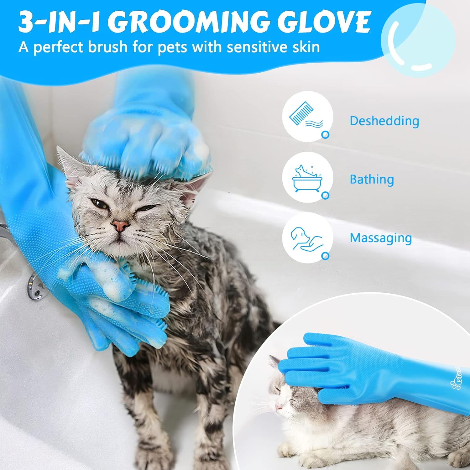 Pecute Pet Grooming Gloves - Heat Resistant Silicone Gloves with High-Density Teeth, Enhanced Five Finger Design for Bathing and Massaging Dogs and Cats, Blue - Happypetzone.online - Image 2