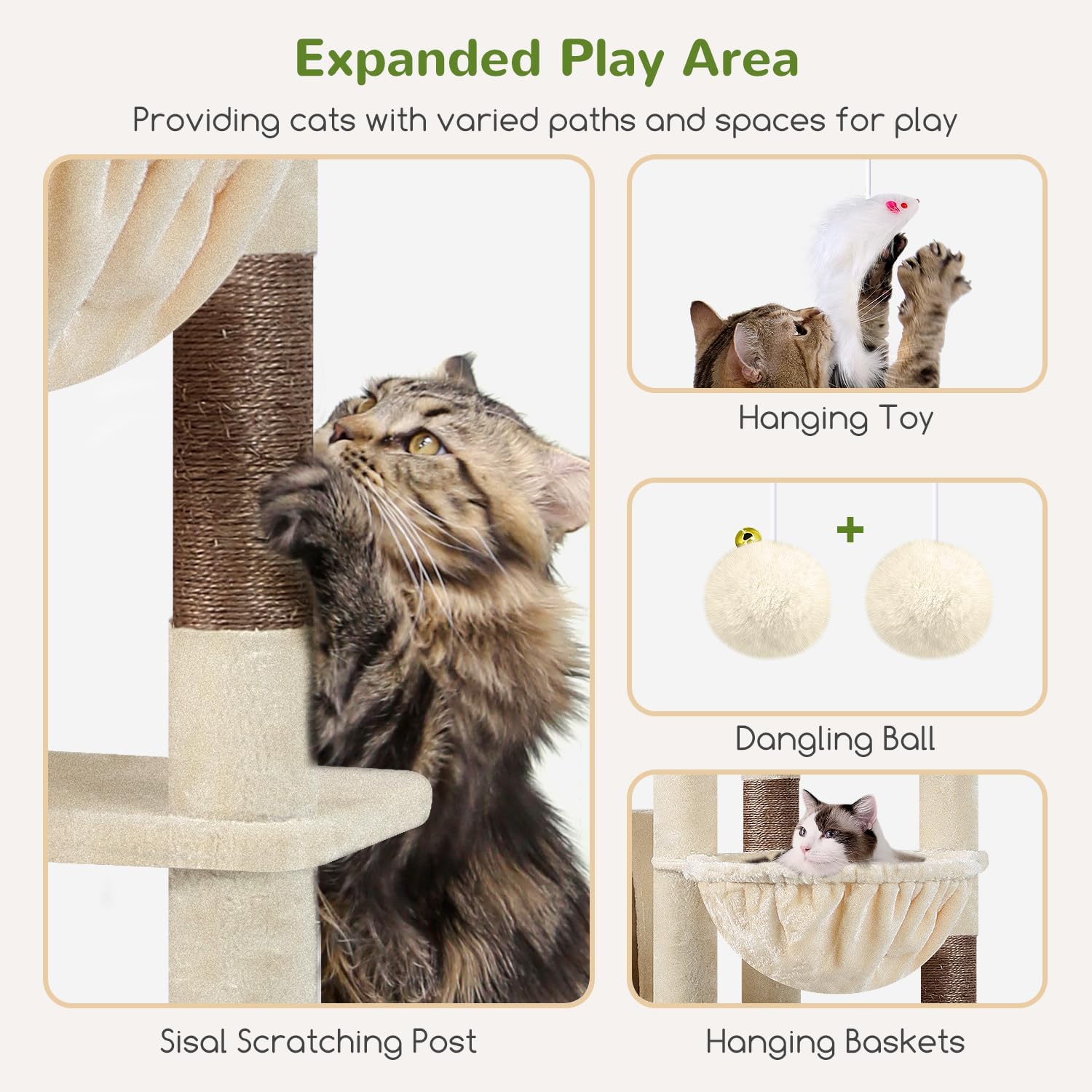 Globlazer Giant Cat Tree, 83 inch Cat Tree for Indoor Cats Large Adult, XXL Cat Tower with 9 Scratching Posts for 20lb+ Heavy Duty Large Adult Cats, F83, Beige - Happypetzone.online - Image 4