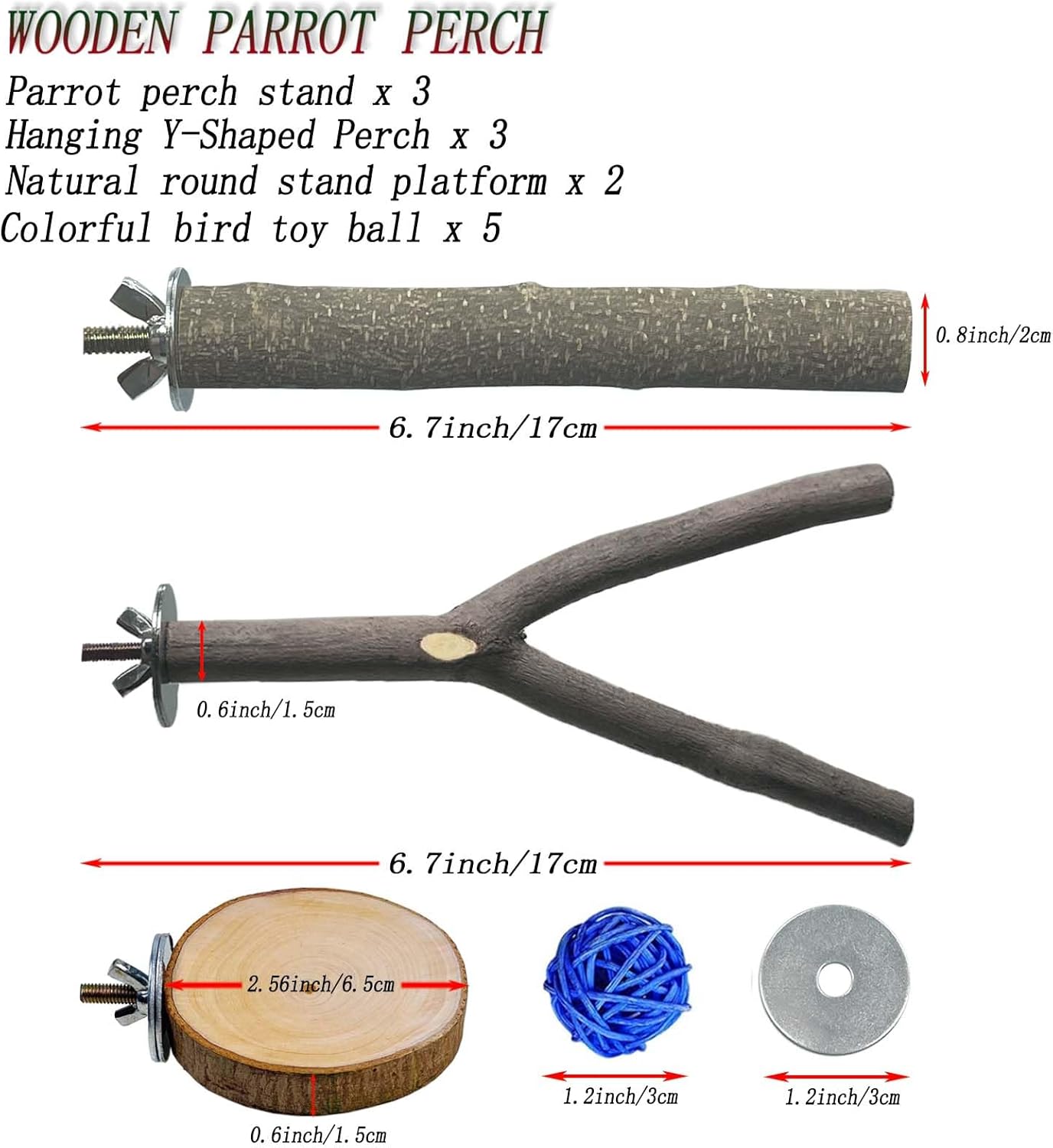 8 PCS Natural Wood Bird Perches Stand for Cage, 5 PCS Parrot Rattan Balls, Wooden Hanging Multi-Branch Perches Platform, Hammock Swing Toy for Parakeets, Budgies, Cockatiels, Conures, Macaws (13 PCS) - Happypetzone.online - Image 2