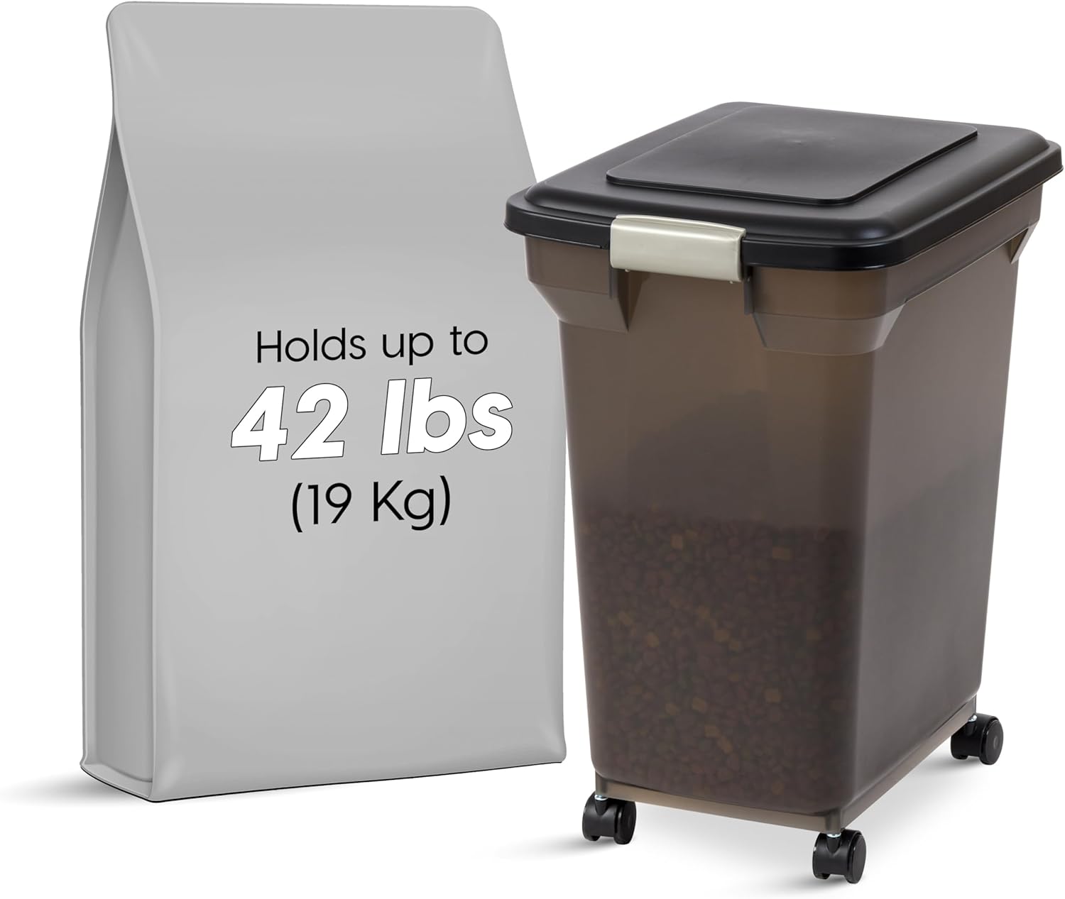 IRIS USA Airtight Dog Food Storage Container, WeatherPro, Up to 40 lbs, Removable Wheels, for Dog Cat Bird and Other Pet Food Storage Bin, Keep Fresh, Translucent Body, Made in USA, Smoke/Black - Happypetzone.online - Image 2