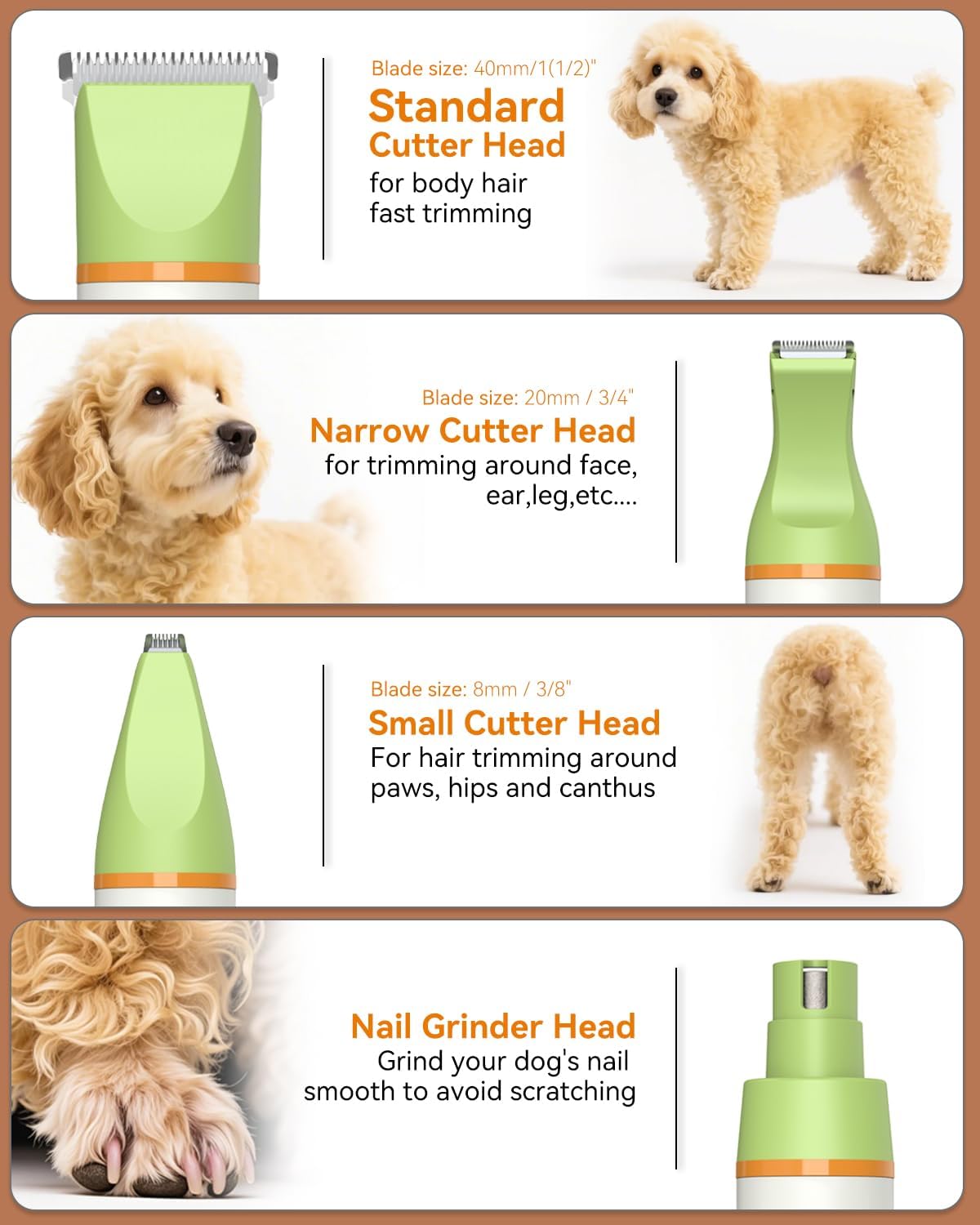 unibono Dog Grooming Kit with Paw Trimmer, All-in-One Low Noise Electric Rechargeable Small Quiet Pet Clippers Foot Dog Hair Shaver with Stainless Steel Scissors and Comb for Dogs at Home (Green) - Happypetzone.online - Image 2
