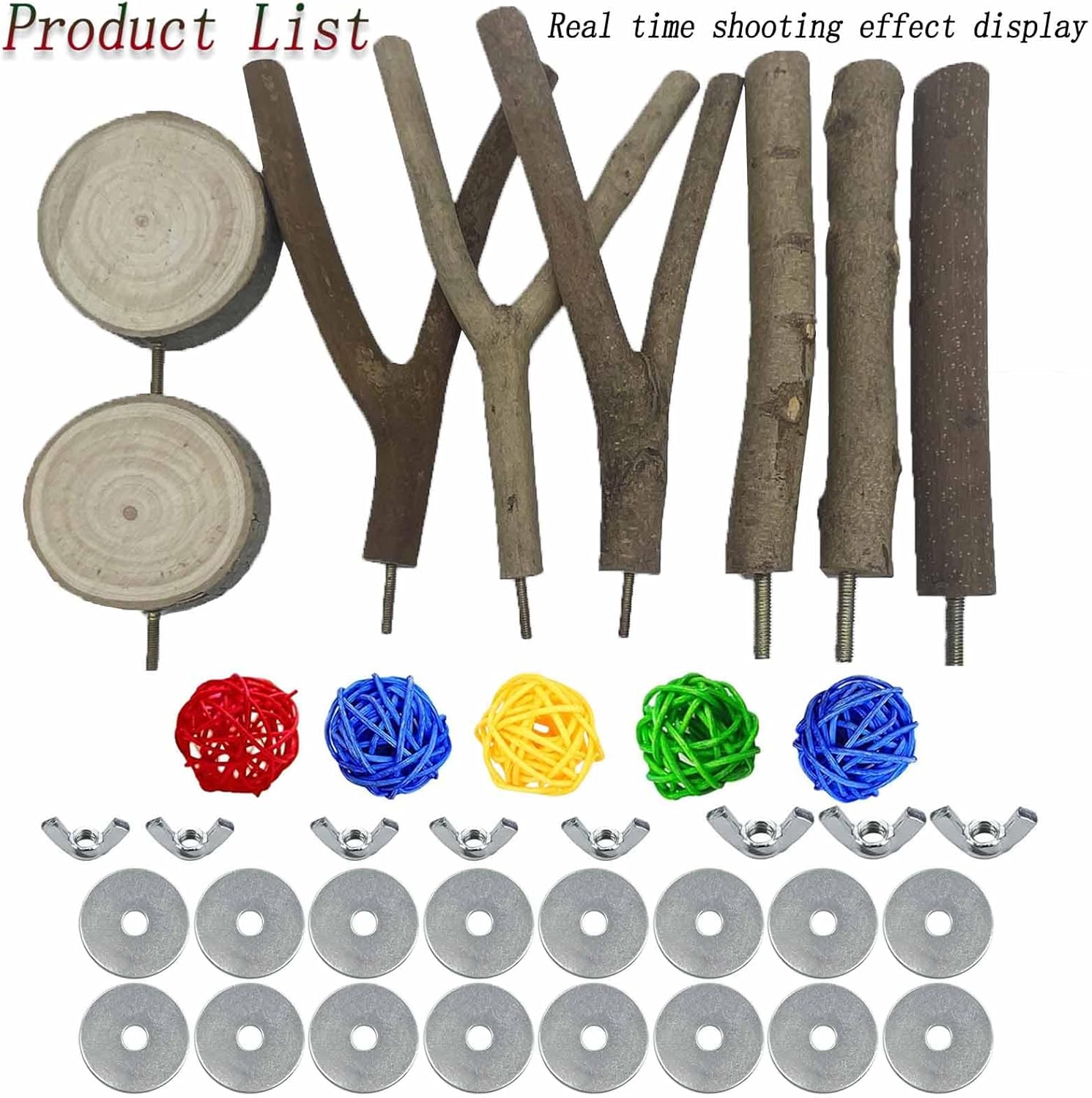 8 PCS Natural Wood Bird Perches Stand for Cage, 5 PCS Parrot Rattan Balls, Wooden Hanging Multi-Branch Perches Platform, Hammock Swing Toy for Parakeets, Budgies, Cockatiels, Conures, Macaws (13 PCS) - Happypetzone.online - Image 8