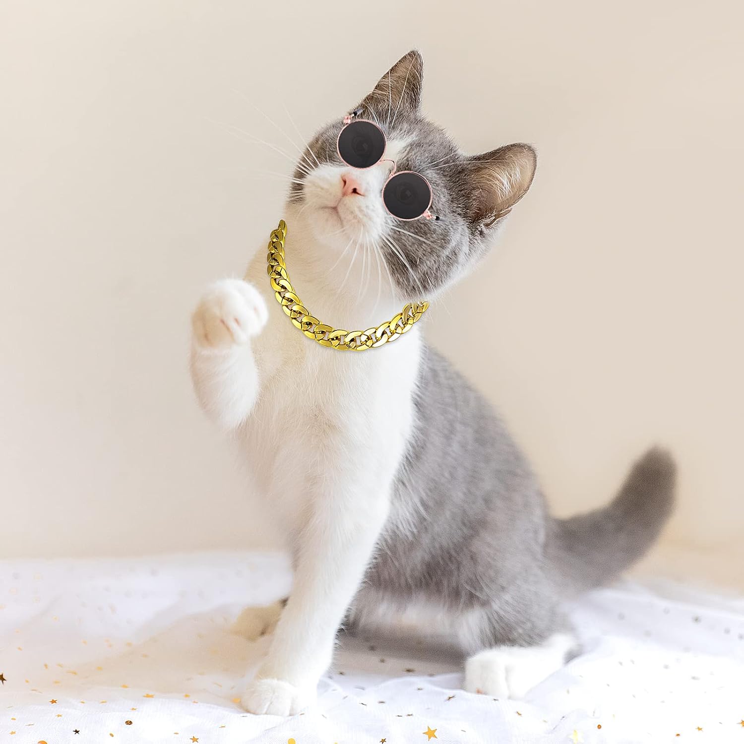 Molain Cat Sunglasses Gold Chain Costume Decorations- Cat UV Protection Classic Retro Puppy Retro Black Sunglasses Faux Gold Adjustable Chain Cosplay Costume Cool Funny Photo Props - Happypetzone.online - Image 6