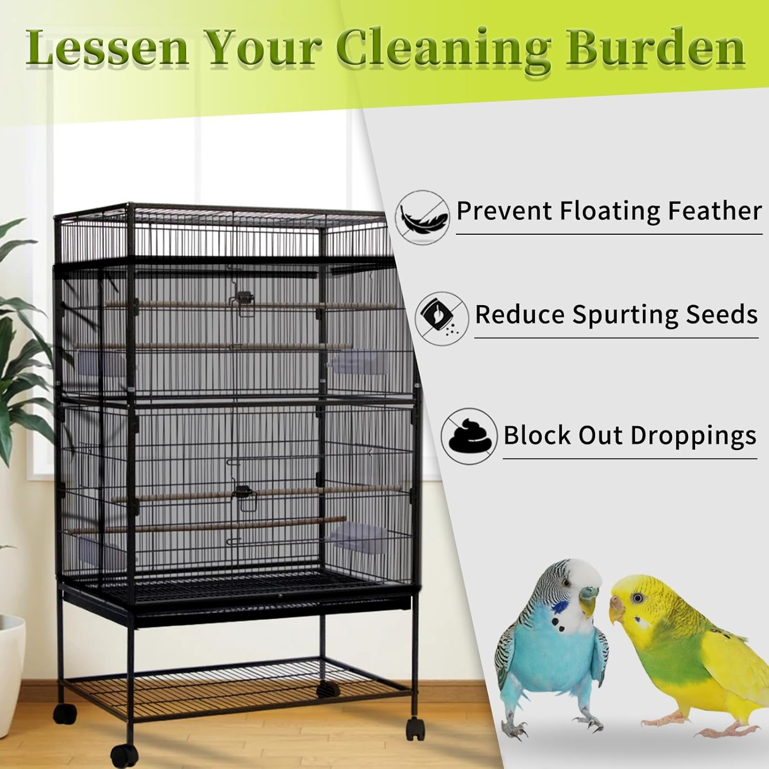 Daoeny Bird Cage Seed Catcher, Large Bird Cage Cover, Adjustable Soft Airy Nylon Mesh Net, Birdcage Cover Skirt Seed Guard for Parrot Parakeet Macaw African Round Square Cages (Black) - Happypetzone.online - Image 2