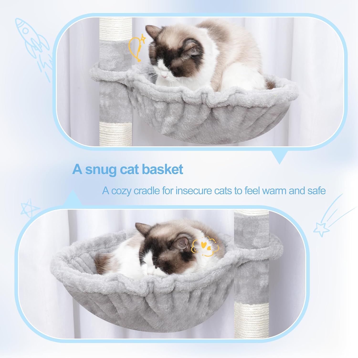 Hey-brother Cat Tree Tower, Scratching Posts with a Extended Part, Wide Platforms, Cozy Condos, Hammocks, Sisal Columns and Ball for Indoor Cats, 70.1 Inches, Light Gray MPJ038W - Happypetzone.online - Image 6