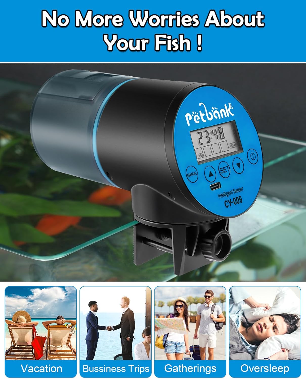 Automatic Fish Feeder for Aquarium - Rechargeable Fish Food Auto Dispenser Vacation Turtle Feeder with USB Charger Cable,LCD Screen, Customized Schedule (Blue) - Happypetzone.online - Image 7