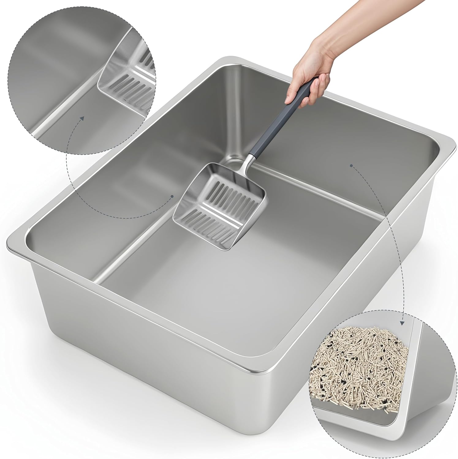 Kirecoo Stainless Steel Cat Litter Box - Metal High Sided Cat Pan, Large Stainless Steel Box, Indoor Litter Tray, Non Stick, No Smell, Easy to Clean, Pet Toilet Supplies for Kitten, Kitty, Rabbit - Happypetzone.online - Image 3