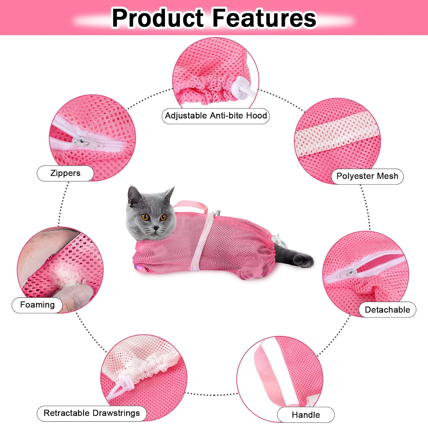 JULMELON Cat Washing Bag 10 PCS Set, Adjustable Cat Shower Net Bag and Pet Grooming Brush with Nail Clipper Nail File Hair Combs Tick Tool Nail Caps for Bathing Nail Trimming Examination(Pink+Grey) - Happypetzone.online - Image 3