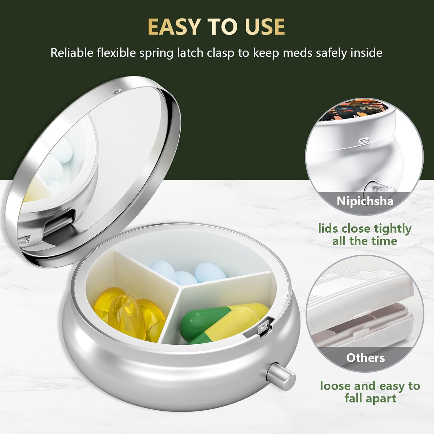 Nipichsha Pill Box, Small Pill Case for Purse & Pocket, Cute Travel Medicine Organizer, Portable Medicine Container Holder to Hold Vitamins, Medication, Fish Oil & Supplement, Flower Cat - Happypetzone.online - Image 6