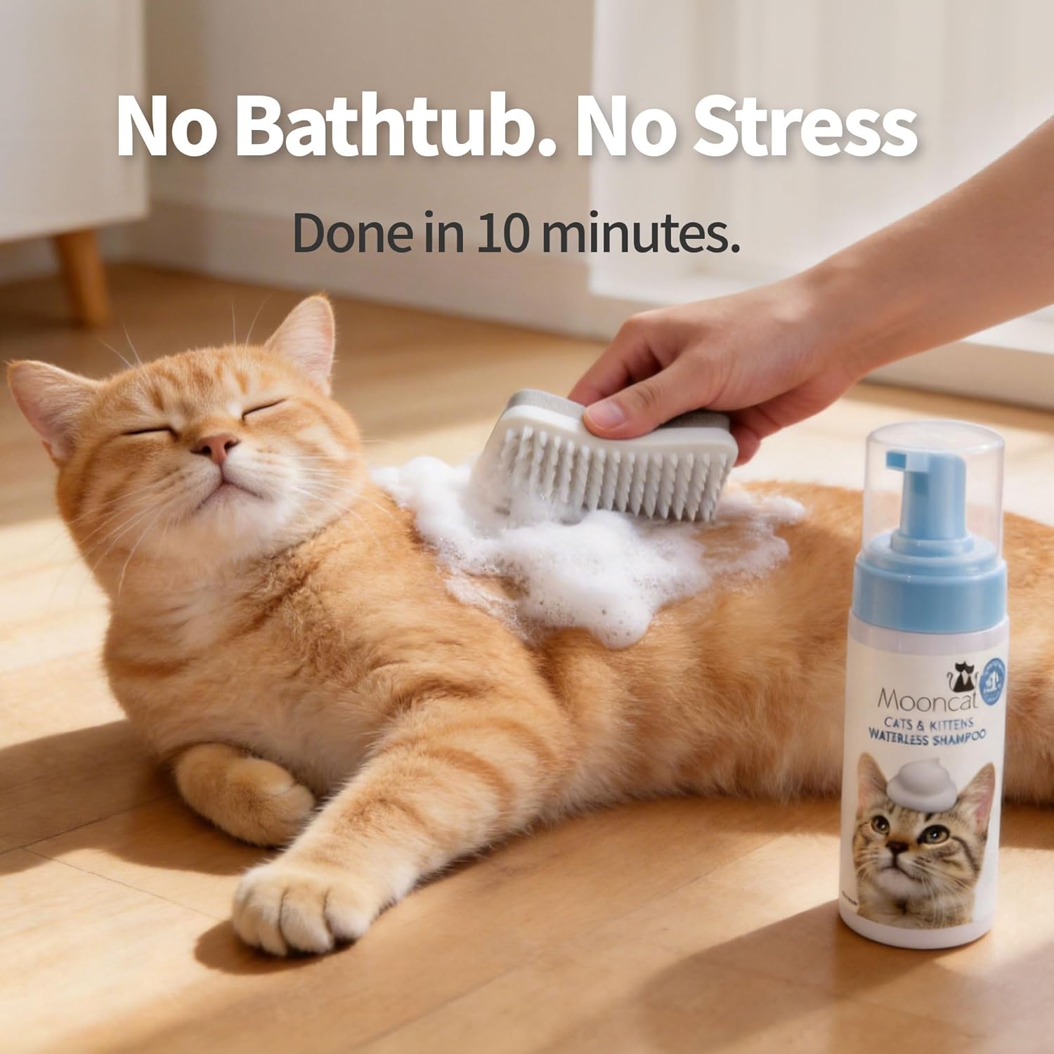 Mooncat Waterless Cat Shampoo + 2-in-1 Cat Bath Brush Set, No Rinse Dry Foam Bath for Short Hair Cats & Kittens, SGS-Tested Lick-Safe, Veterinarian Approved & pH-Balanced, Brush, 5 oz - Happypetzone.online - Image 3