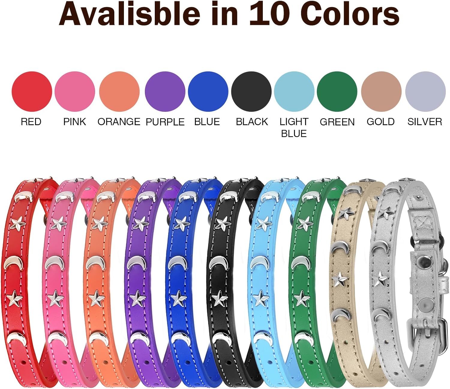 Leather Cat Collars for Boy Girl Cats with Bell and Safety Elastic Belt, Personalized Star and Moon Stud Adjustable Safe Buckle Collar for Kitty Small Big Cats Size 8-12 Inch, Black - Happypetzone.online - Image 7