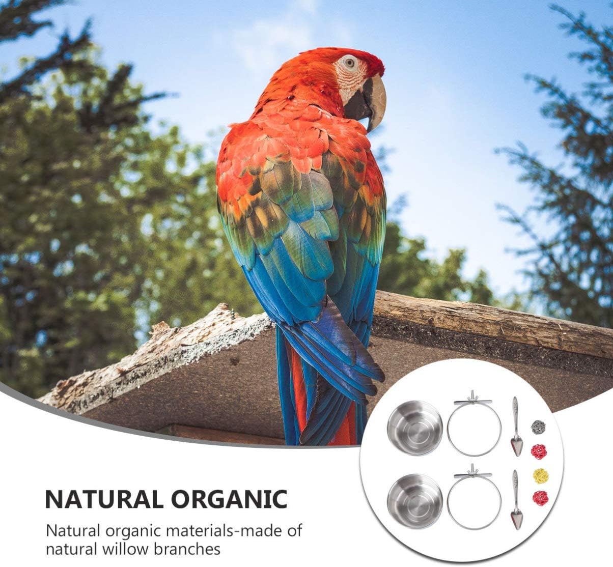 Toddmomy 8pcs Stainless Steel Parrot Feeding Set Bite Chinlon Spoons Bowls Organic Willow Material for Birds Easy Feeding - Happypetzone.online - Image 2