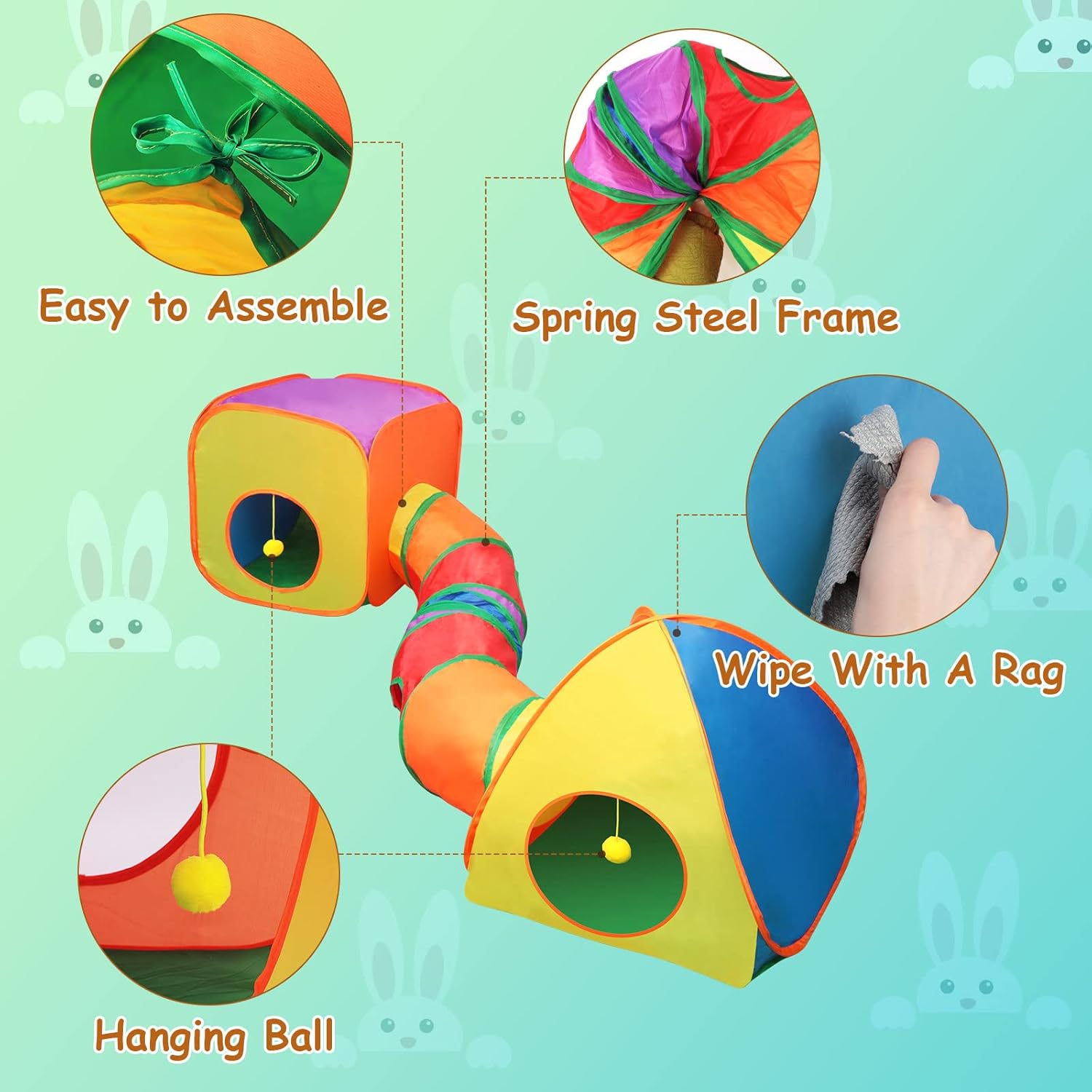 YUEPET Rabbit Tunnel and Cube Collapsible Tent Bunny Interactive Crinkle Tunnel Toys Small Animal Hideout with Play Ball for Dwarf Rabbit Bunny Guinea Pig (Rainbow) - Happypetzone.online - Image 3