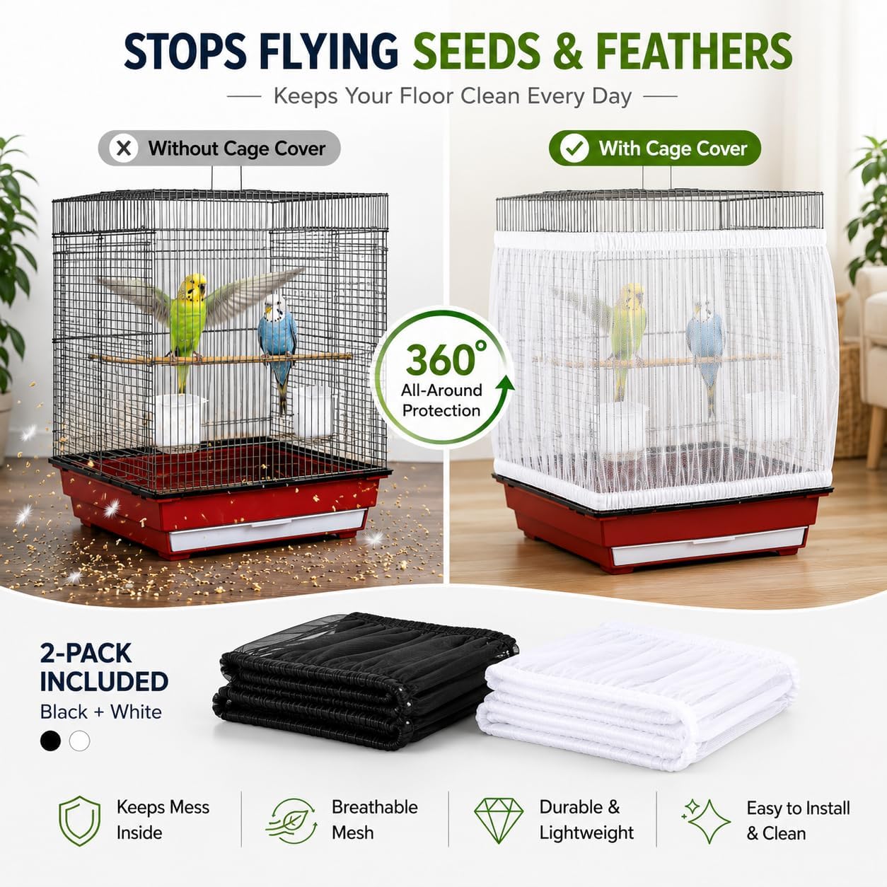 RAINFLOW 2 Pack Bird Cage Seed Catcher - Adjustable Bird Cage Skirt Cover with Breathable Mesh Netting, Universal Seed Catcher Net Cover Fit for Parrot Cage, Parakeet Cage, Large and Small Bird Cages - Happypetzone.online - Image 4