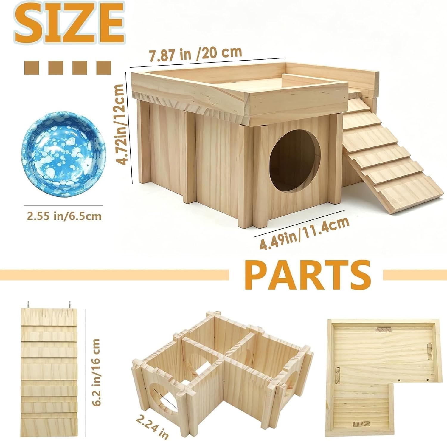Wooden Hamster Hideout,Dwarf Hamster Hide House with Platform & Bowl & Ladder,Small Hamsters Maze Hut Hides Habitats Decor Cage Accessories for Gerbils,Mice,Mouse - Happypetzone.online - Image 5