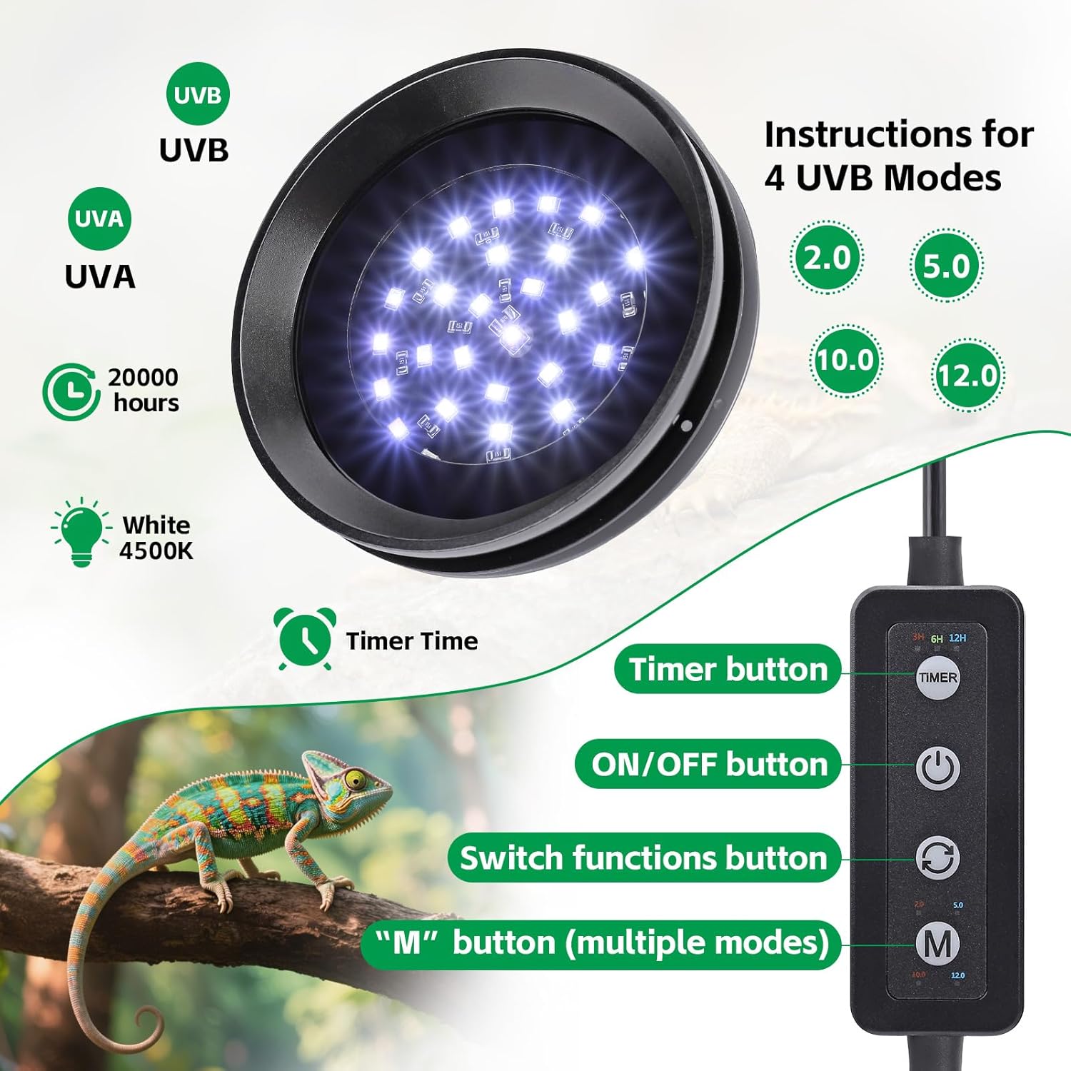 UVB Light for Reptiles with Dimming, LED UVB Light Bulb Fixture for Bearded Dragon Gecko Lizard Turtle Snake, Adjustable Brightness UVA UVB Lamp for Tropical & Desert Reptile Tank Accessories 6W Black - Happypetzone.online - Image 2