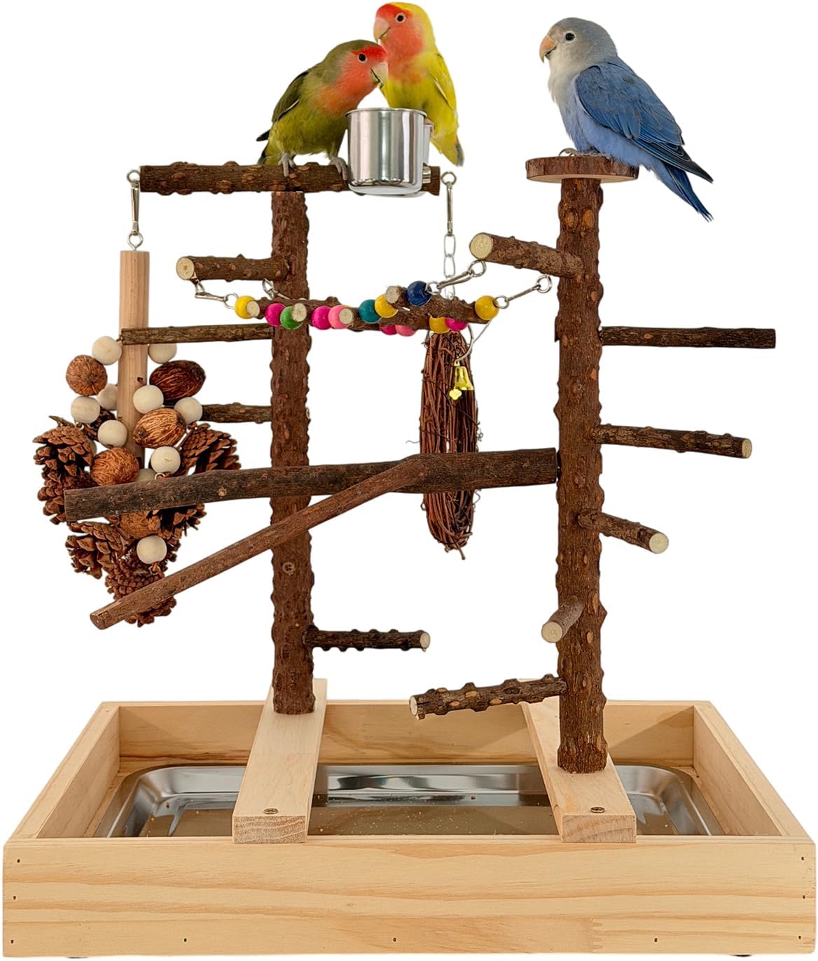 Bird Playground, Natural Wood Bird Play Stand with Stand Perch, Swing, Toy, Two Food Cups, and Removable Tray, Suitable for Lovebirds, Cockatiels, Budgies, Parakeets, and Other Birds - Happypetzone.online - Image 5