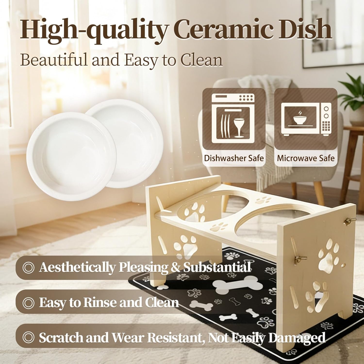2026 New Elevated Cat Bowls with Food Mat, Adjustable Height & Angle Raised Cat & Dog Bowls Stand for Food and Water, Cat or Small Dog Feeding Station, 2 Ceramic Bowls for Cats and Puppy(Natural Wood) - Happypetzone.online - Image 4