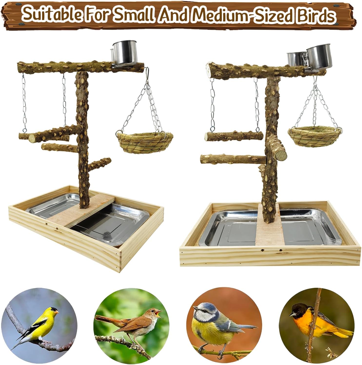 Tfwadmx Bird Perch Natural Wood Stand Toy Parrot Play Stand Platform and Hanging Bird Nests Bird Cage with Removable Tray and 2 Stainless Steel Cups for Parakeets Canaries Cockatiels Conure Lovebirds - Happypetzone.online - Image 5