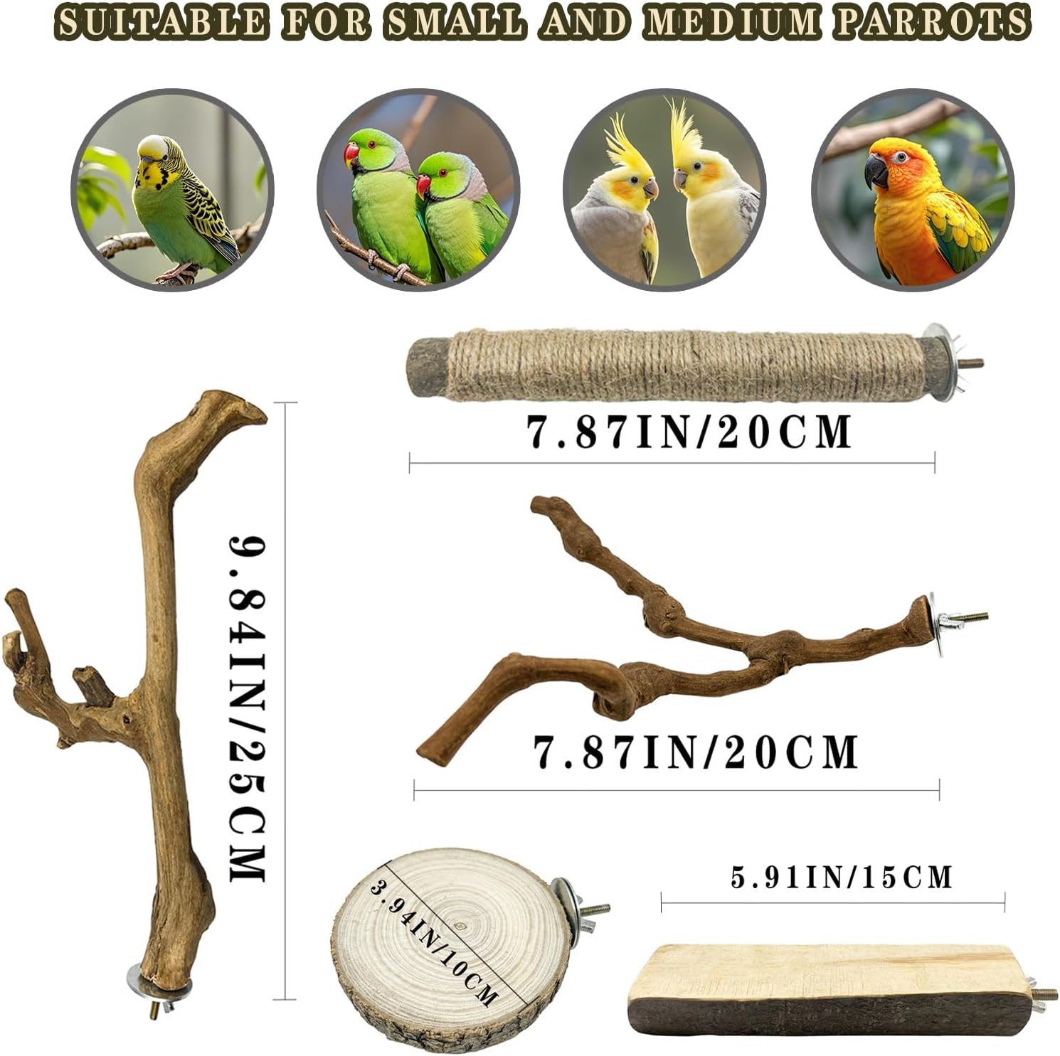 6 Pcs Medium Bird Perch Set, Natural Wood Bird Perches, Parrot Cage Toys for Cockatiels, Conures, Budgies, and Parakeets, Cage Accessories for Small and Medium Parrots - Happypetzone.online - Image 2