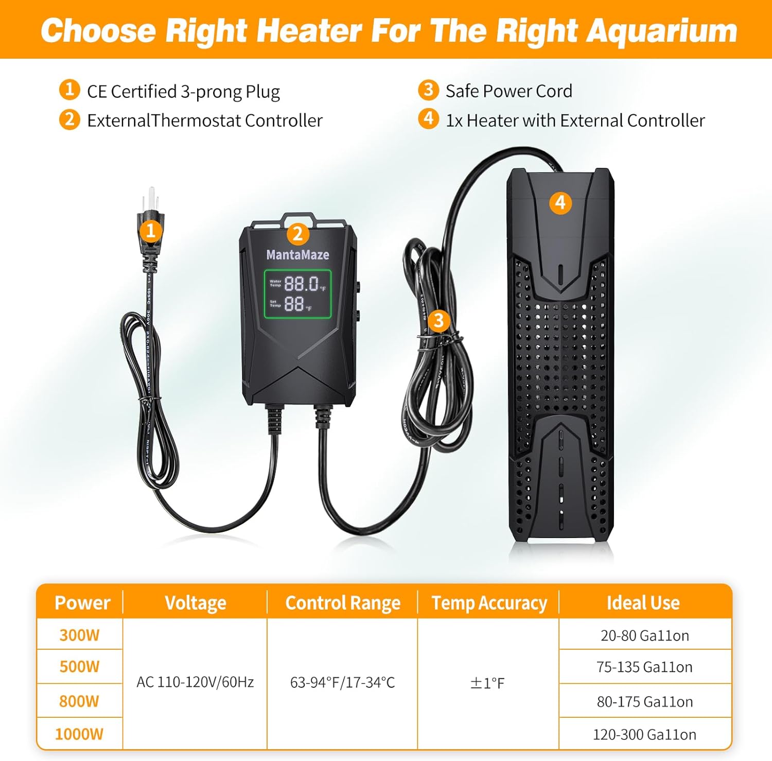 Aquarium Heater 300W/500W/800W/1000W for 20-300 Gal, Fish Tank Heater with Intelligent Leaving Water Automatica Stop Heating and Overheating Protection, for Freshwater & Saltwater - Happypetzone.online - Image 6