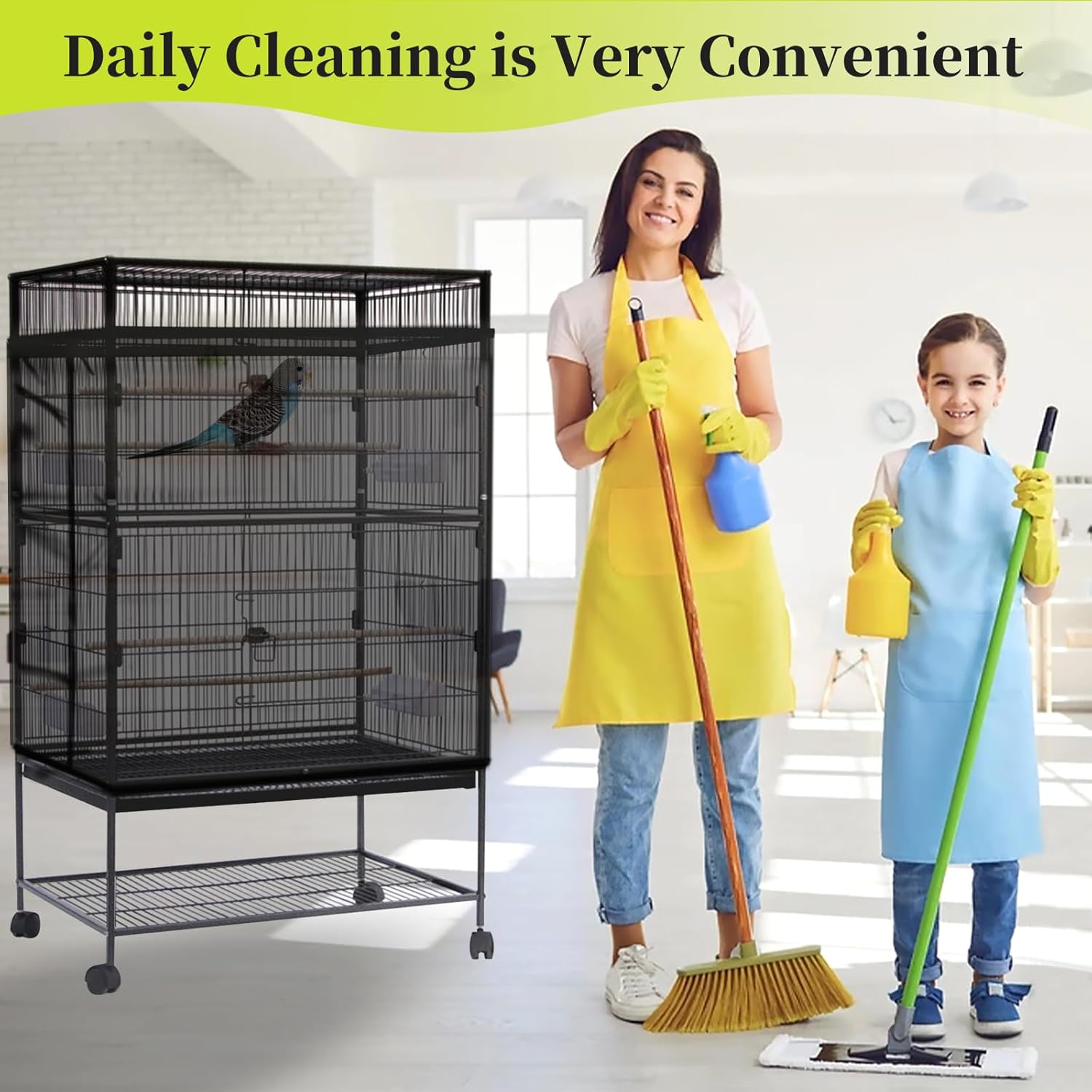 Daoeny Bird Cage Seed Catcher, Large Bird Cage Cover, Adjustable Soft Airy Nylon Mesh Net, Birdcage Cover Skirt Seed Guard for Parrot Parakeet Macaw African Round Square Cages (Black) - Happypetzone.online - Image 7