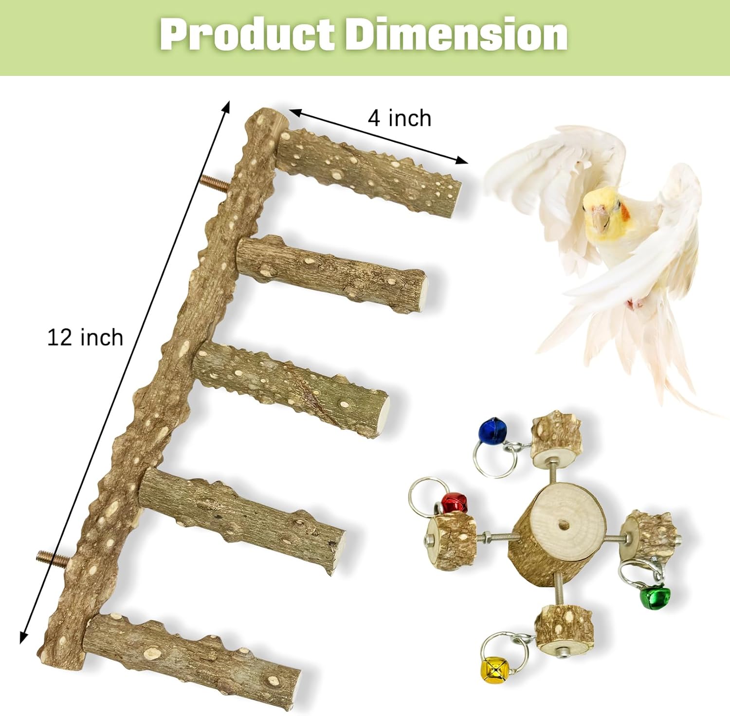 BNOSDM Natural Wood Bird Ladder Perch with Rotating Bell Toys-Exercise Stands for Parrot Climbing Chewing Parakeet Bridge Cage Accessories for Cockatiel, Conures, Lovebirds, Budgie - Happypetzone.online - Image 5