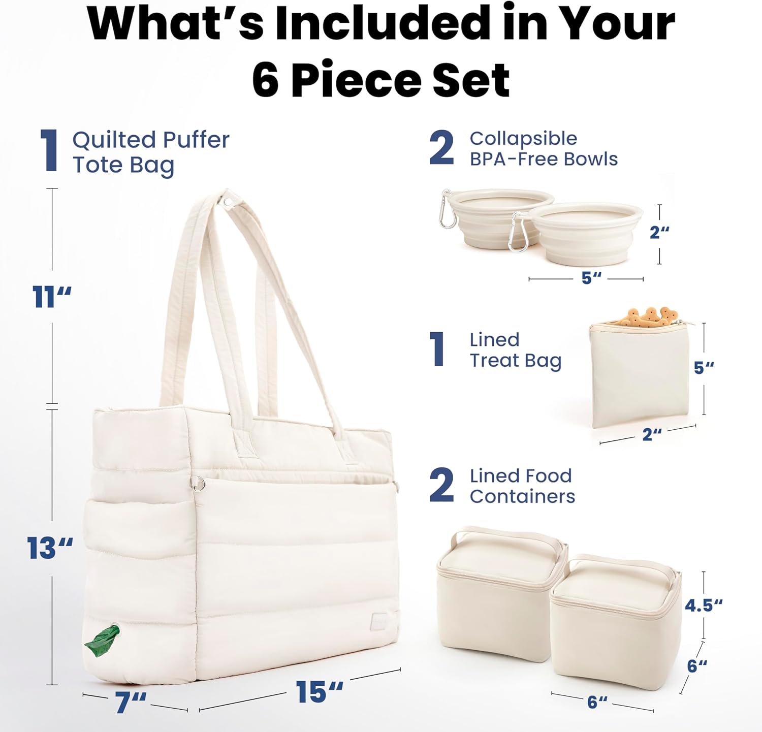 rubyloo Puffer Dog Travel Bag for Dog Moms – Doggy Diaper Bag with Pet Bowls & Food Storage or Everyday Puffy Tote – Doggy Mom Gifts for Women – Lightweight, Travel-Ready Gift for Pet Lovers – Beige - Happypetzone.online - Image 3