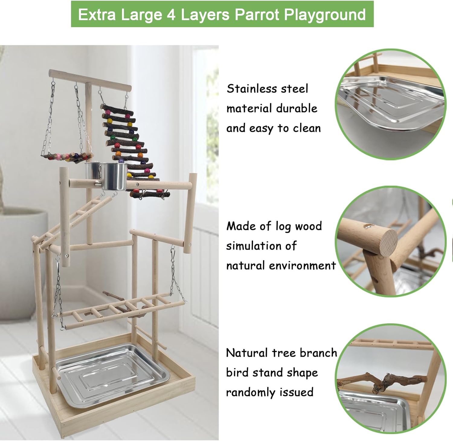 Hamiledyi 4 Layers Large Bird Playground 32" H Pet Parrot Playstand Gym Perch Wood Playpen for Parakeets Lovebirds Conure Cockatiel Cockatoos Finch Budgies or Other Small and Medium Sized Birds - Happypetzone.online - Image 3