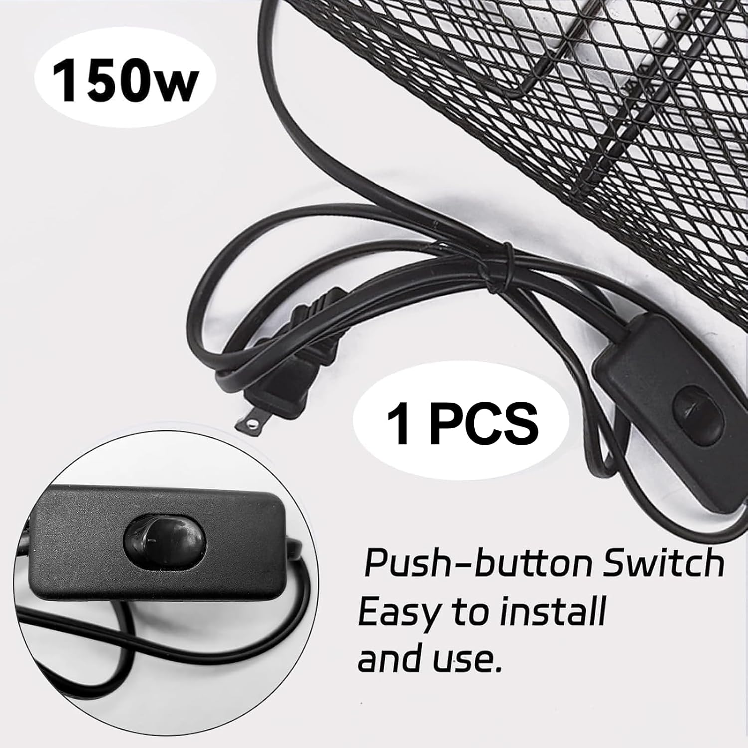 Reptile Heat Lamp Guard Ceramic Heat Emitter Basking Heater Lamp Reptile Accessories for Turtle Snakes Lizards Frogs Chicks with Power Switch & Anti-Biting Hanging Hook Design Round Without Bulb 150w - Happypetzone.online - Image 4