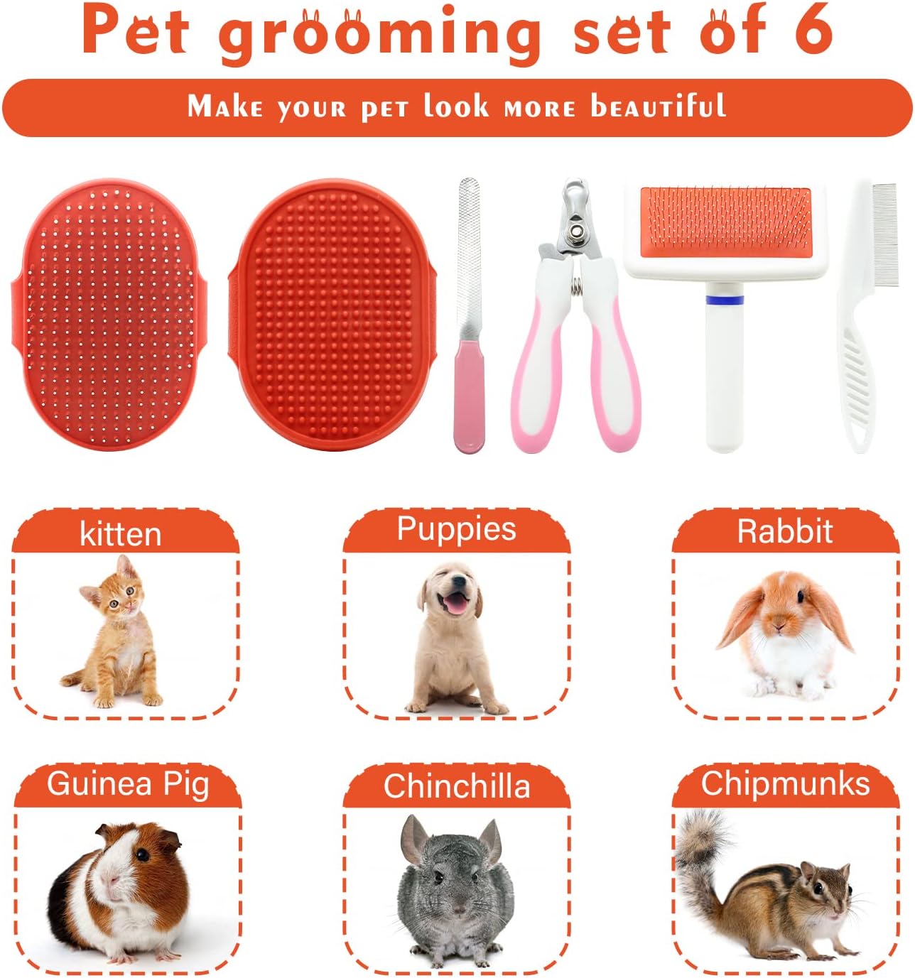Cat Grooming Kit Set with Pet Shedding Slicker Brush Nail Clipper Trimmer Pet Massage Bath Glove Flea Comb for Bunny Puppy Kitten Guinea Pig Chinchilla Ferret Small Animals (Red, Pink) - Happypetzone.online - Image 3