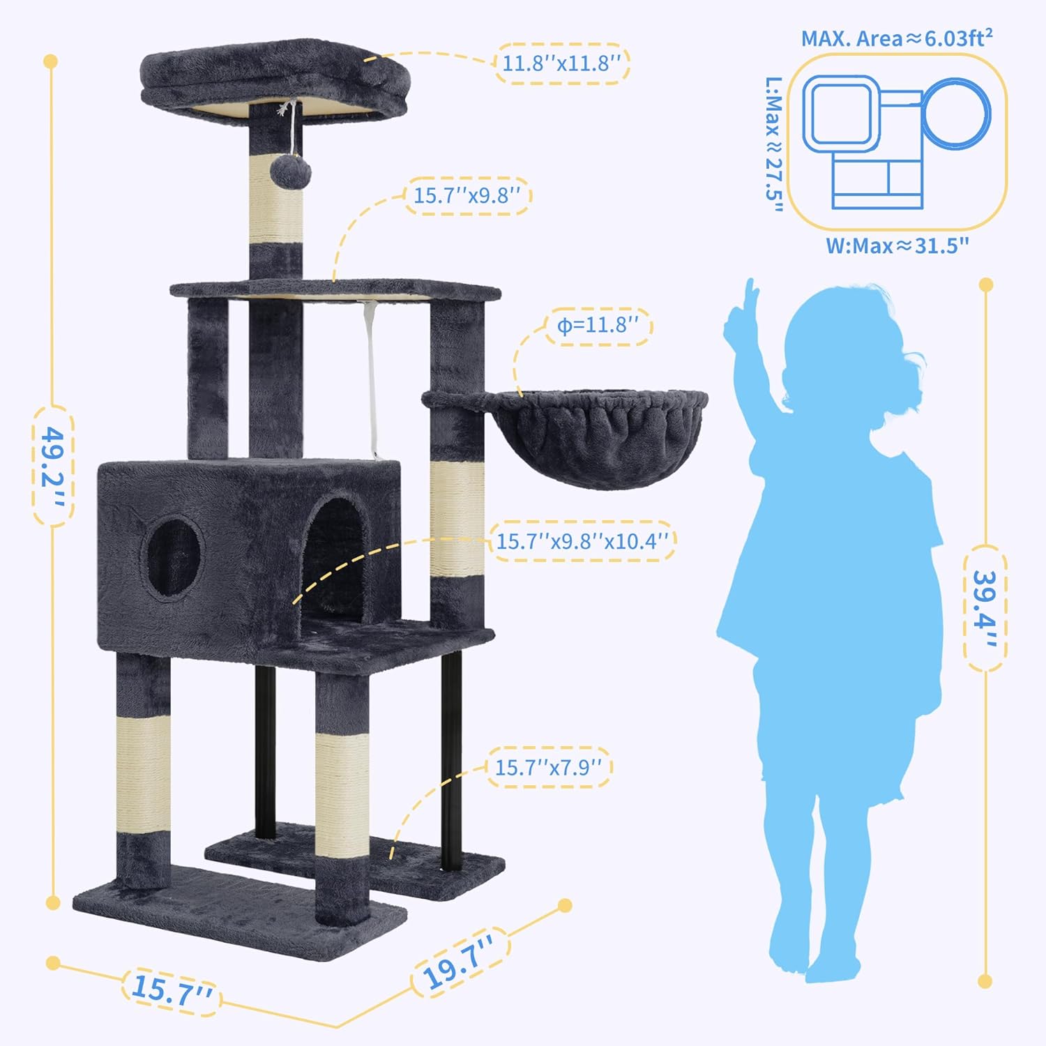 Heybly Cat Tree, 49.2 Inches Cat Tower for Indoor Cats, Spacious Cat House Condo with Hidden Space,Sturdy Steel Tube,Soft Plush Top Perch,Cozy Hammock and Sisal Scratching Posts, Smoky Gray HCT200SG - Happypetzone.online - Image 3