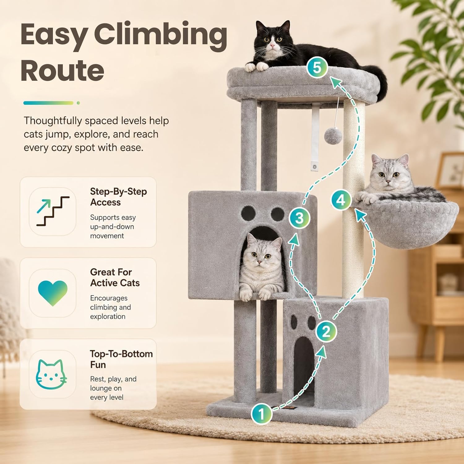 Small Cat Tree Tower for Indoor Cats, 40 in Medium Compact Adults Cat Beds Trees with 2 Condos, Sisal Scratching Post, Large Perch Platform, Multi-Level Kitty Kitten Climbing Stands House(Light Grey) - Happypetzone.online - Image 9
