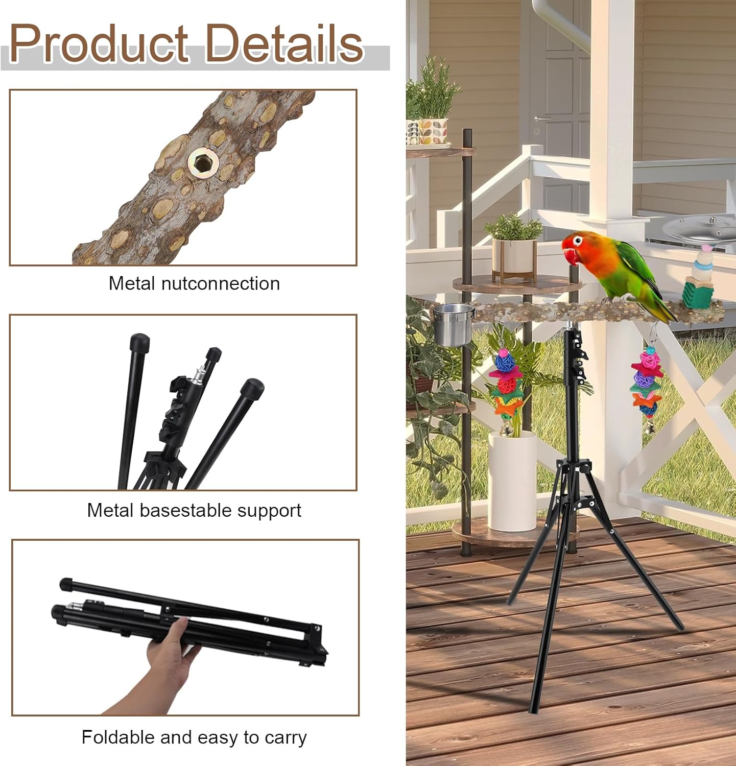 72" Parrot Stand, Adjustable Height Bird Perch, Pepper Wood Perch Stand, Parakeet Perches with Feeding Cups, Swing Toy, Toy Cymbals,Parrot Stands for Indoor & Outdoor Small to Medium Bird. - Happypetzone.online - Image 4