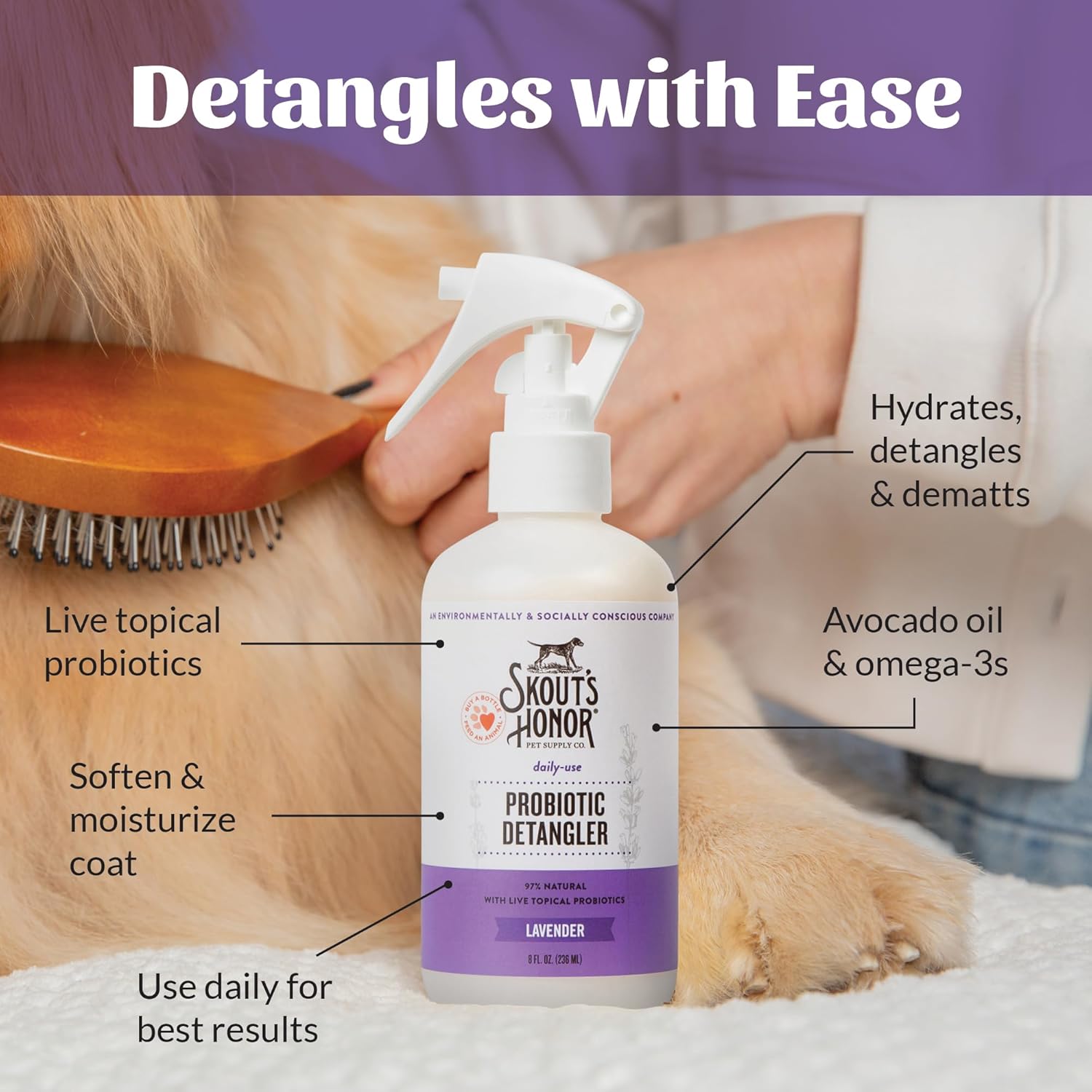 Skout's Honor Probiotic Pet Detangler Spray - Hydrating & Conditioning with Avocado Oil, 97% Natural, Paraben & Sulfate-Free, softens for a More brushable Coat, Daily Use, 8oz, Lavender - Happypetzone.online - Image 6