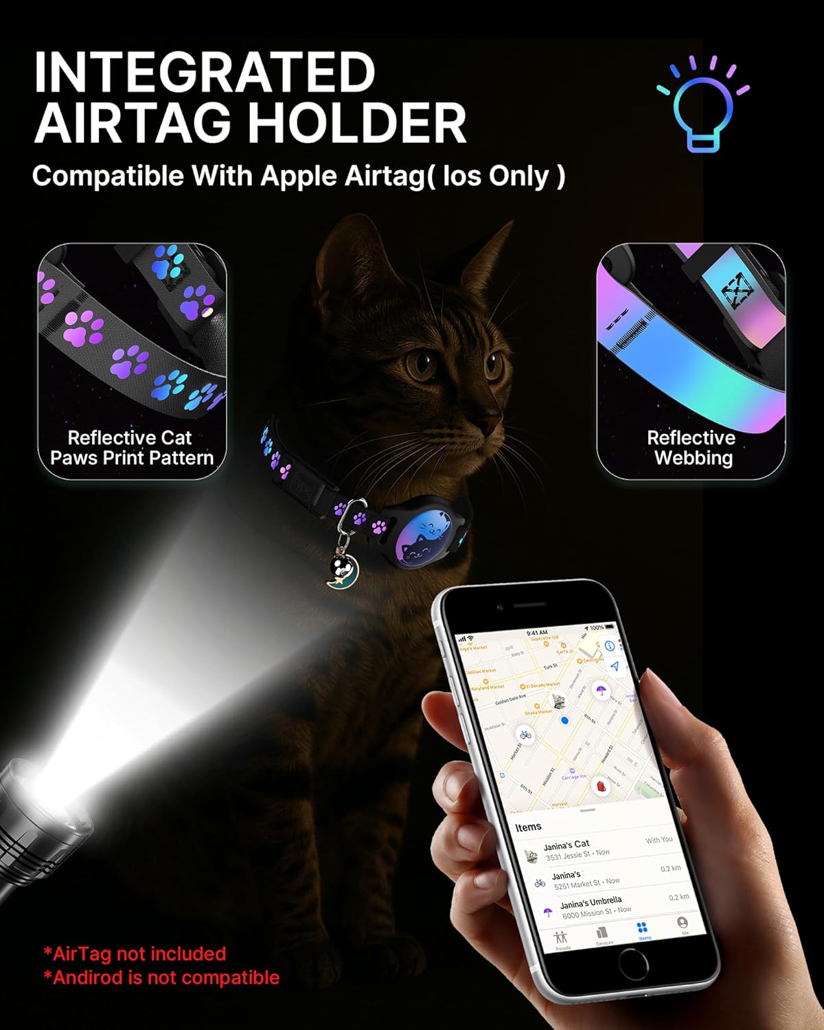 Cat Collar with Airtag Holder, 2 Pack Waterproof Breakaway Kitten Collar for Apple AirTag GPS Tracker, Adjustable Cat Collar with Buckle, Bell & Reflective Pattern for Cats, Kittens, Black (8-11") - Happypetzone.online - Image 2