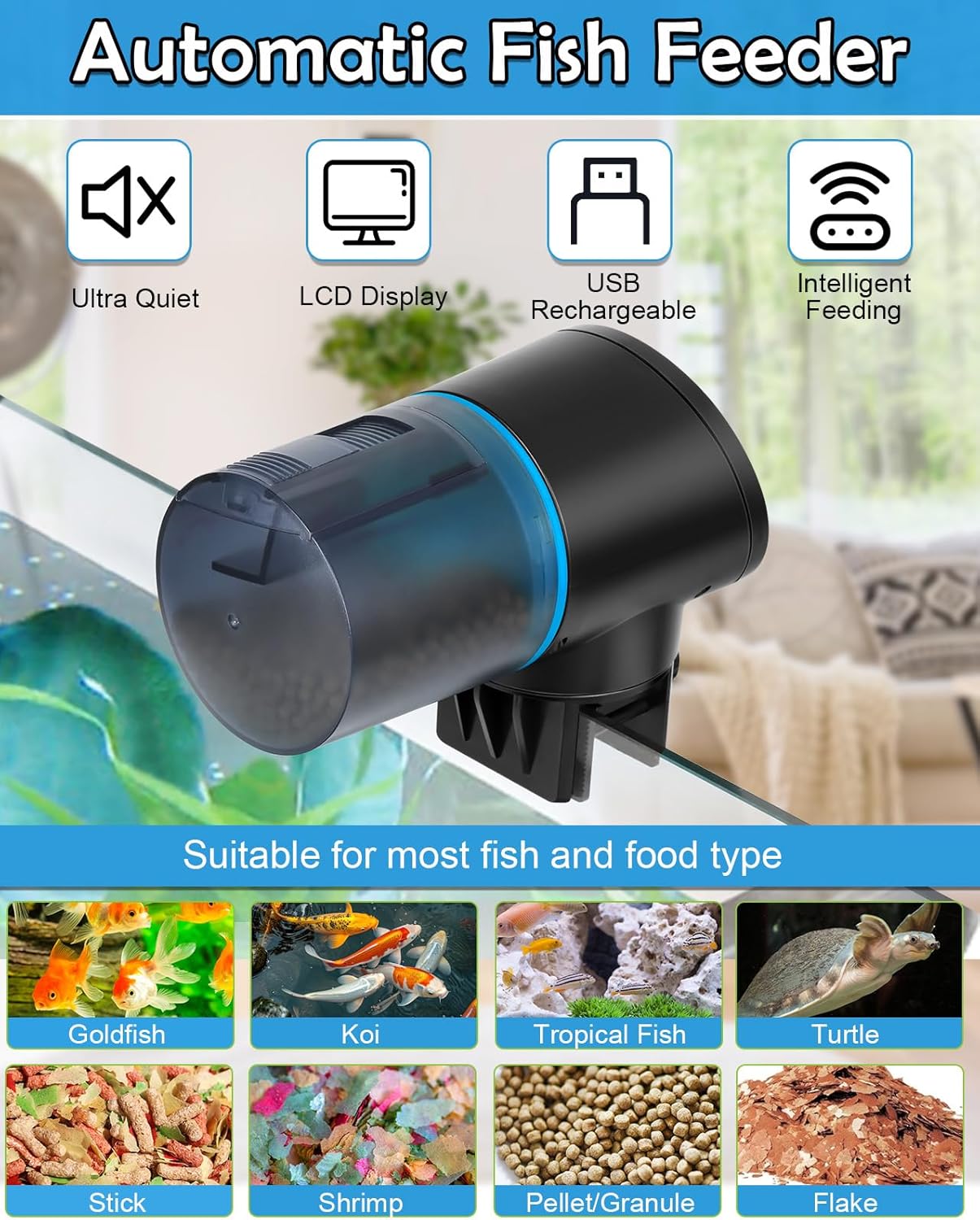 Automatic Fish Feeder for Aquarium - Rechargeable Fish Food Auto Dispenser Vacation Turtle Feeder with USB Charger Cable,LCD Screen, Customized Schedule (Blue) - Happypetzone.online - Image 2