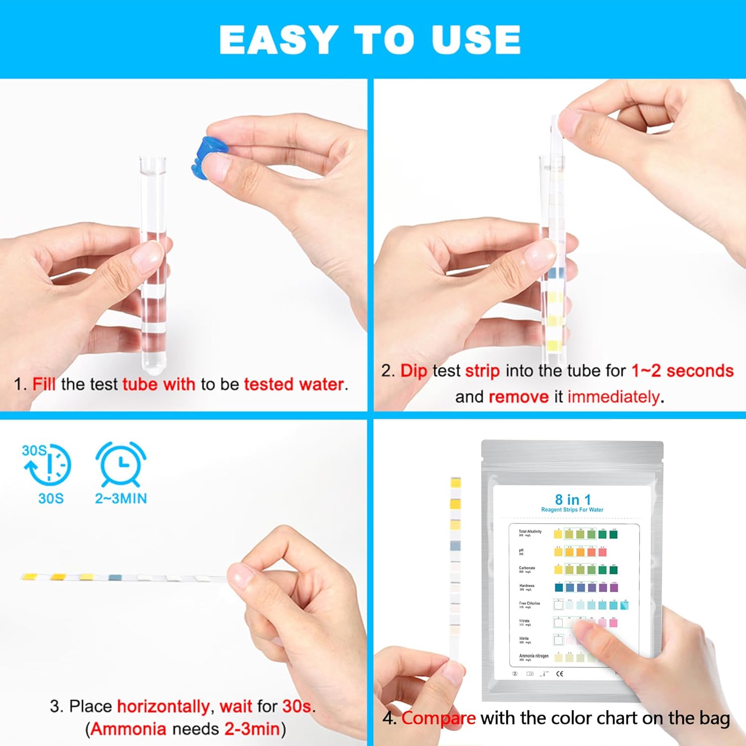 DaToo 8 in 1 Aquarium Test Kit Fish Tank Test Strips Accurate Water Quality Testing Strips for Ammonia PH Total Alkalinity Carbonate Hardness Free Chlorine Nitrate Nitrite Temperature (100 Strips) - Happypetzone.online - Image 6