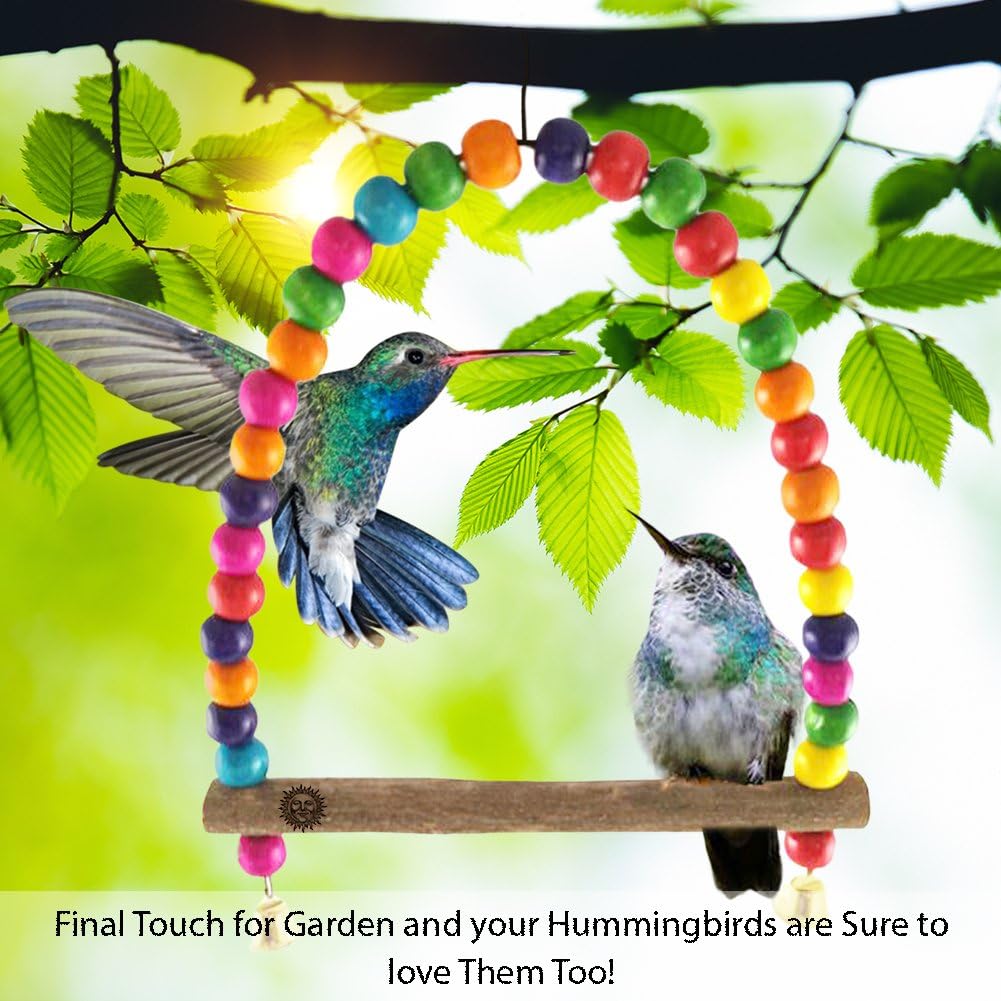 SunGrow Colorful Finch Swing Toy with Bells, Wooden Perch Stand for Canary, Lovebird & Budgie, 8.5x6 Inches, Sturdy Rocking Gym, Small Bird Cage Accessories to Balance, Exercise & Training - Happypetzone.online - Image 3
