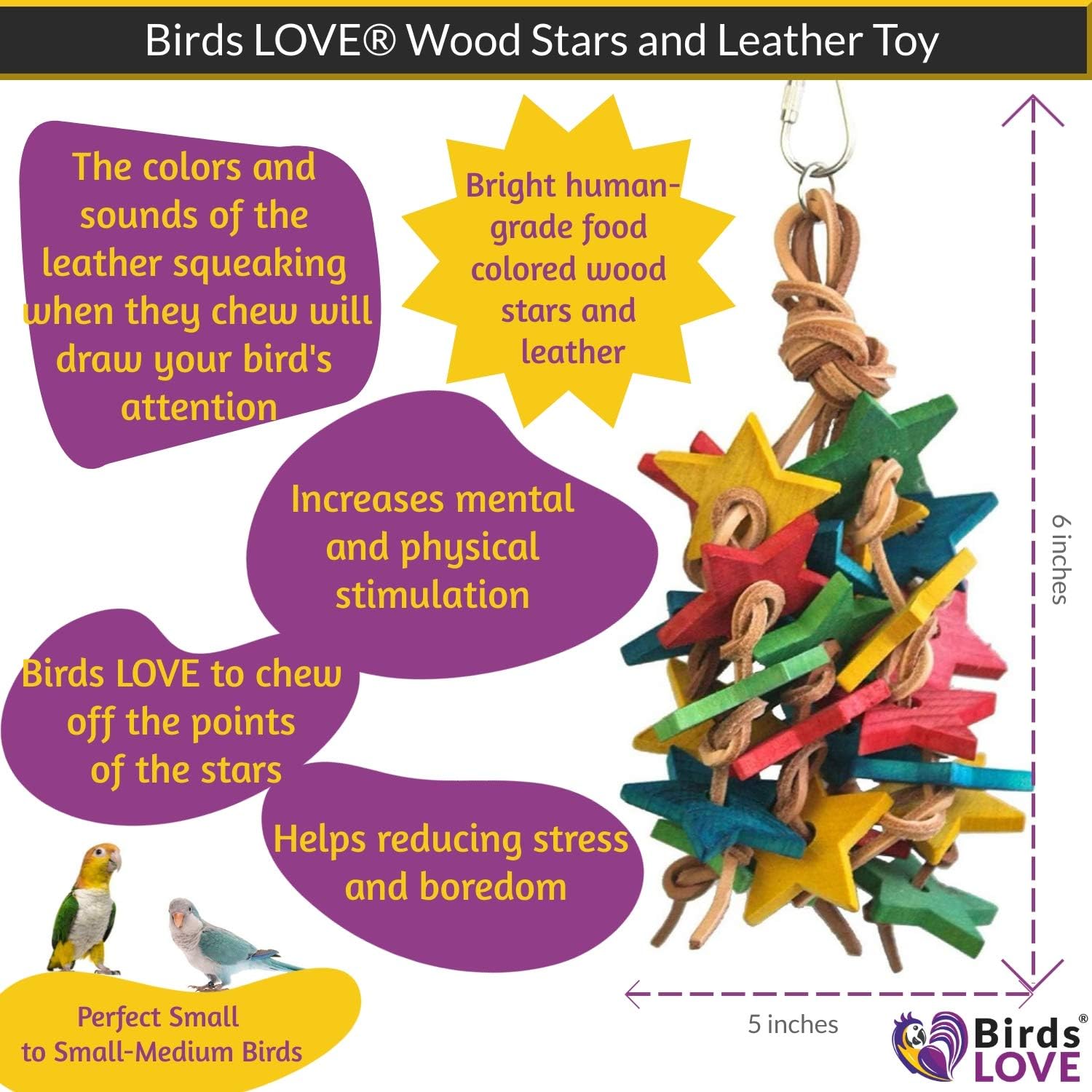 Birds LOVE Wood Stars & Leather Toy for Bird Cage Stand or Playgym, Bird Toys for Small to Medium Parrots, Sun Conures, Green Cheeked Conures, Quakers, Parakeets, Caiques, Cockatiels, African Senegals - Happypetzone.online - Image 2