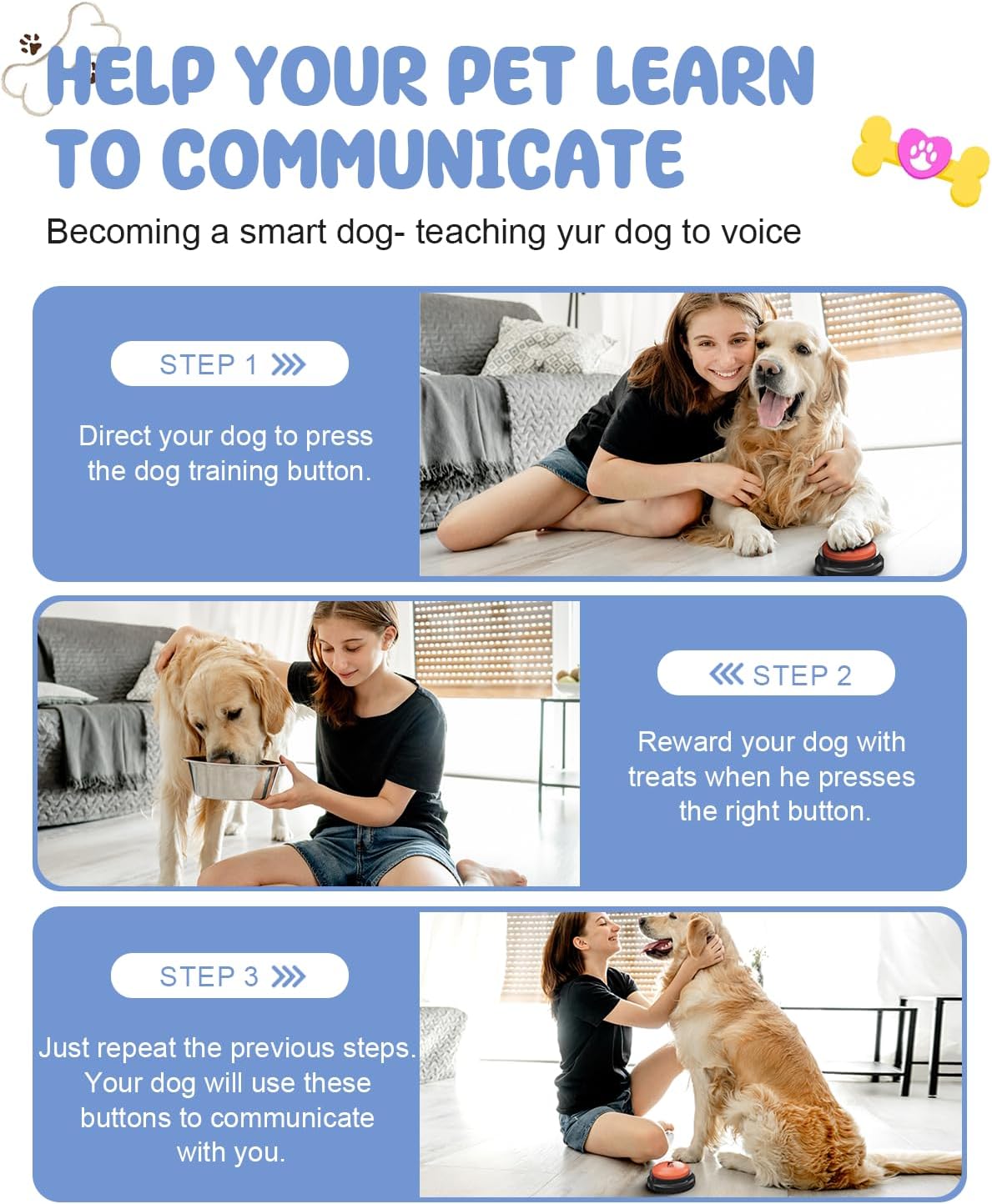 Acools Dog Buttons for Communication, 6 Pcs Dog Talking Button Set, 30s Voice Recordable Pet Training Buzzer, Speaking Buttons for Cats & Dogs with Waterproof Dog Activity Mat and 24 Scene Stickers - Happypetzone.online - Image 7
