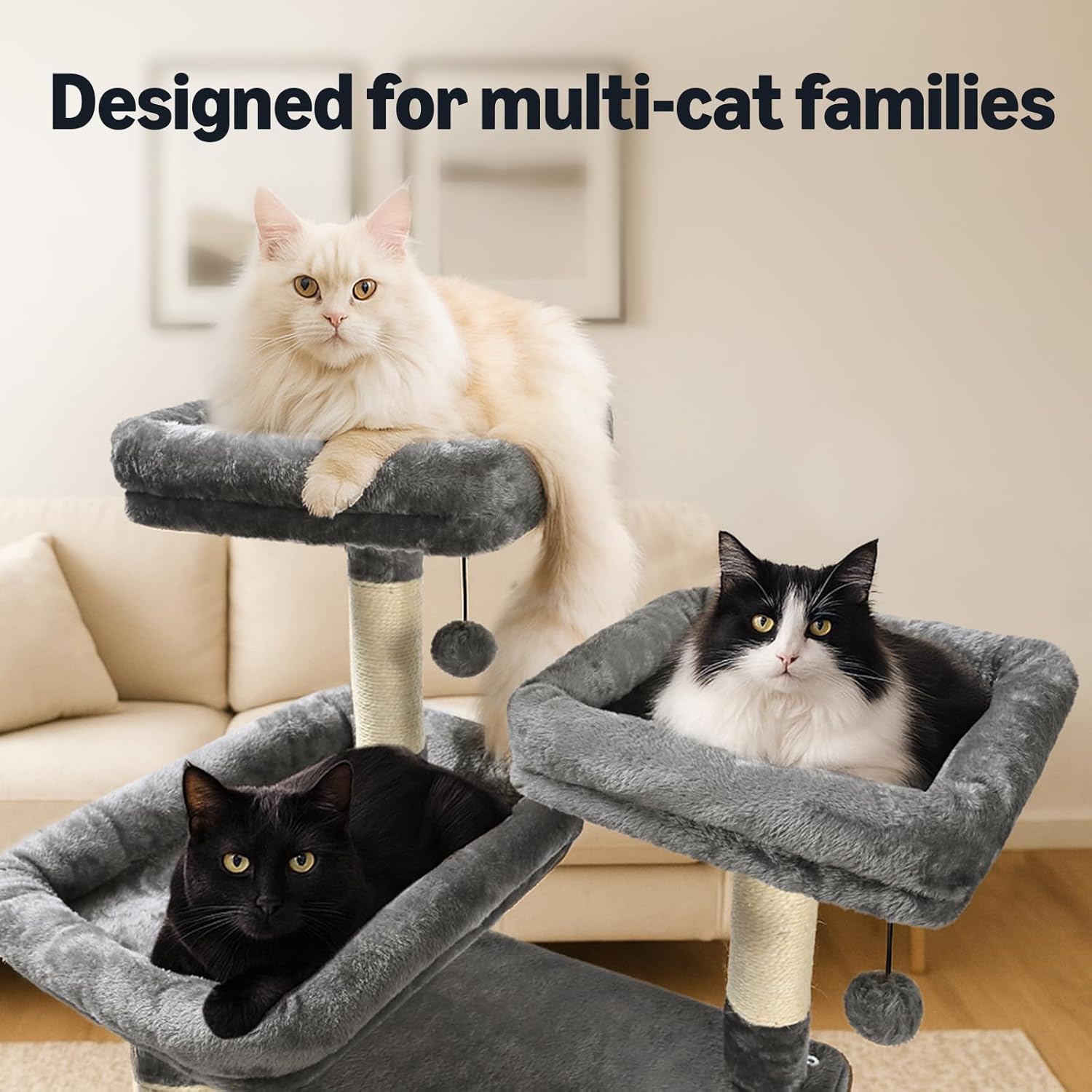 Amazon Basics Large Cat Tree Tower, Multi-Level Activity Center with 2 Large Condos, Multiple Sisal Scratching Posts and Hanging Pompoms, Gray, 68 Inches - Happypetzone.online - Image 3