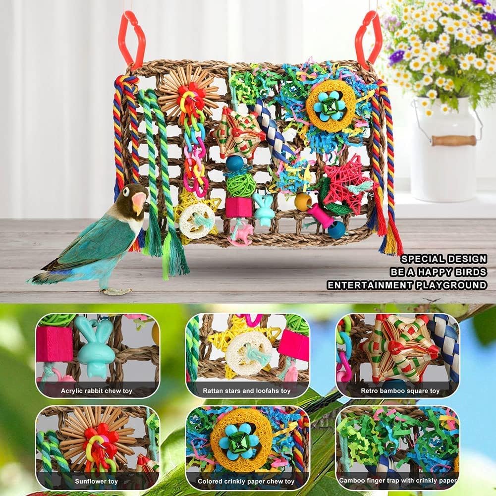 Foraging Toys for Parakeets Cockatiel Conures Lovebirds - Seagrass Wall with Various Bird Toys - Happypetzone.online - Image 4
